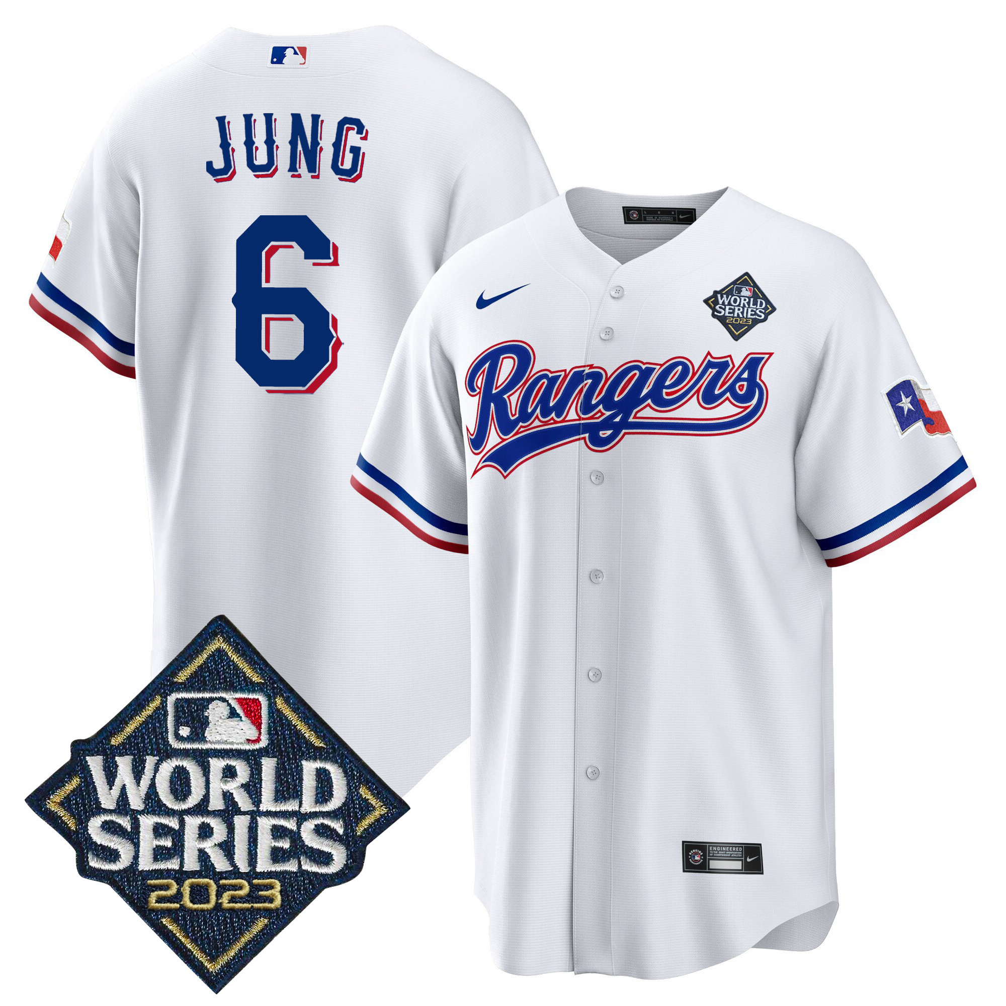 Josh Jung Men's Texas Rangers 2023 World Series Cool Base V2 White Jersey - All Stitched