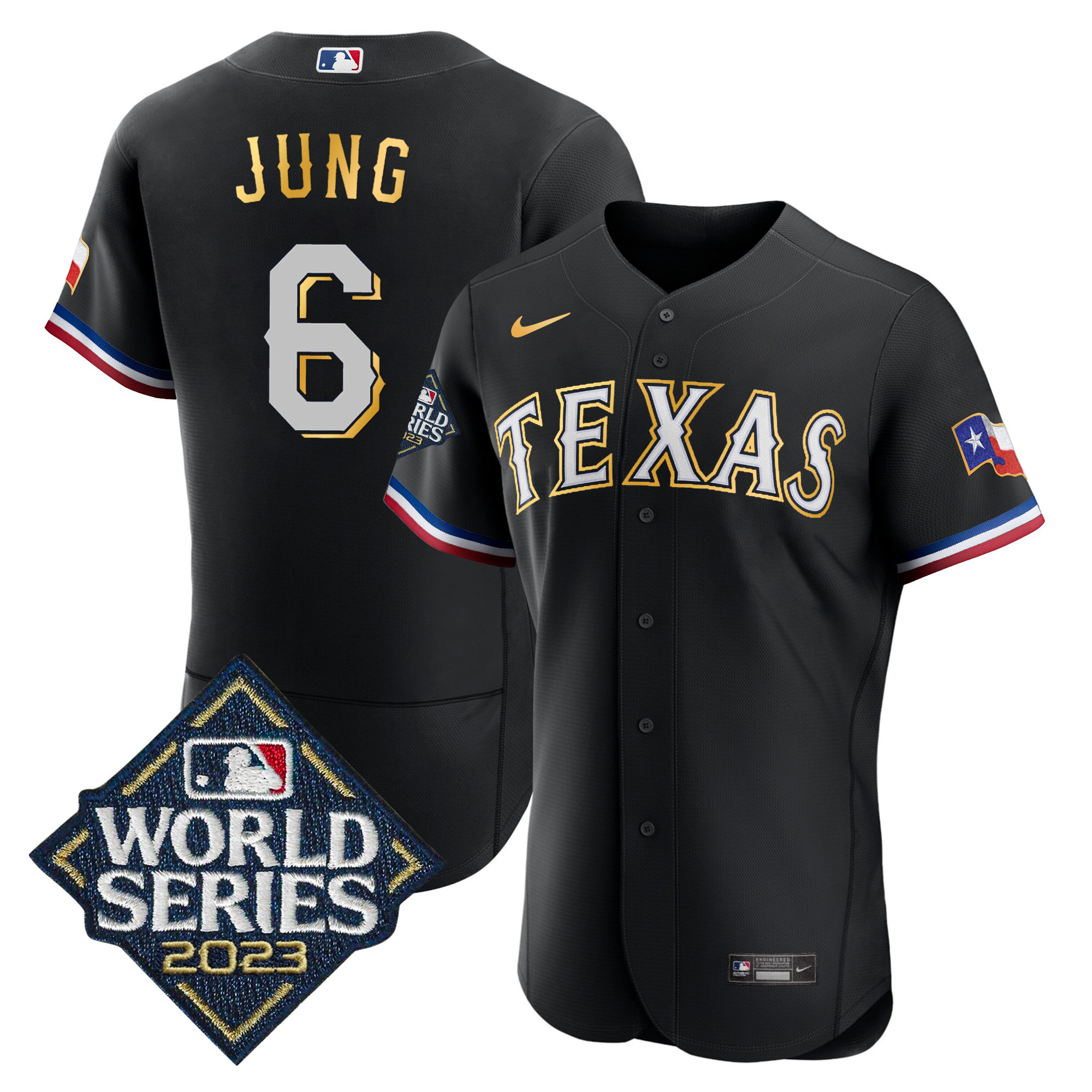 Josh Jung Men's Texas Rangers 2023 World Series Flex Base Gold Trim Black Jersey - All Stitched