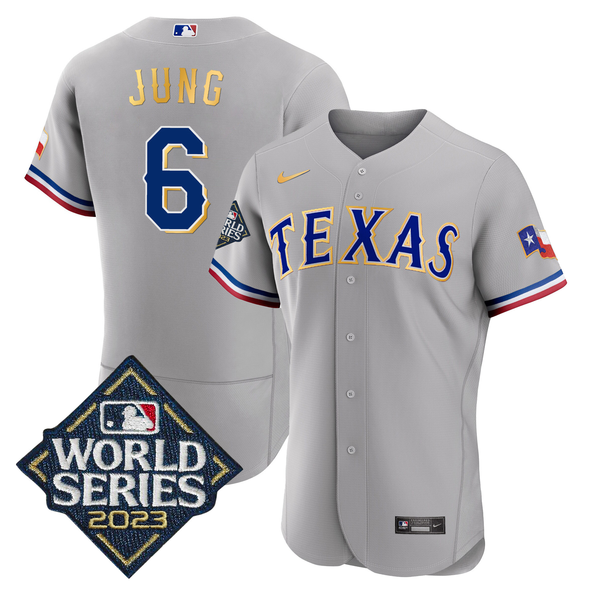 Josh Jung Men's Texas Rangers 2023 World Series Flex Base Gold Trim Gray Jersey - All Stitched