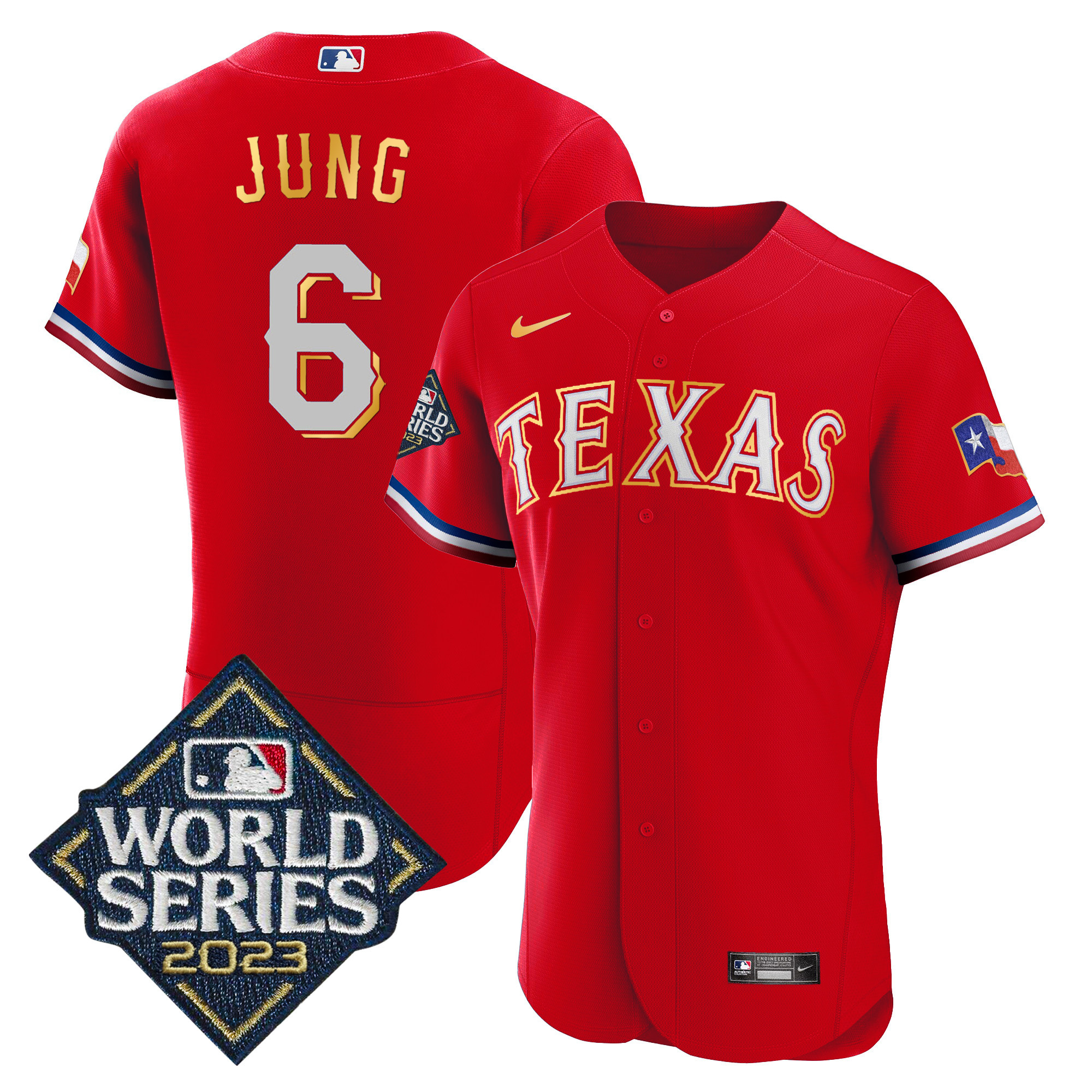 Josh Jung Men's Texas Rangers 2023 World Series Flex Base Gold Trim Red Jersey - All Stitched