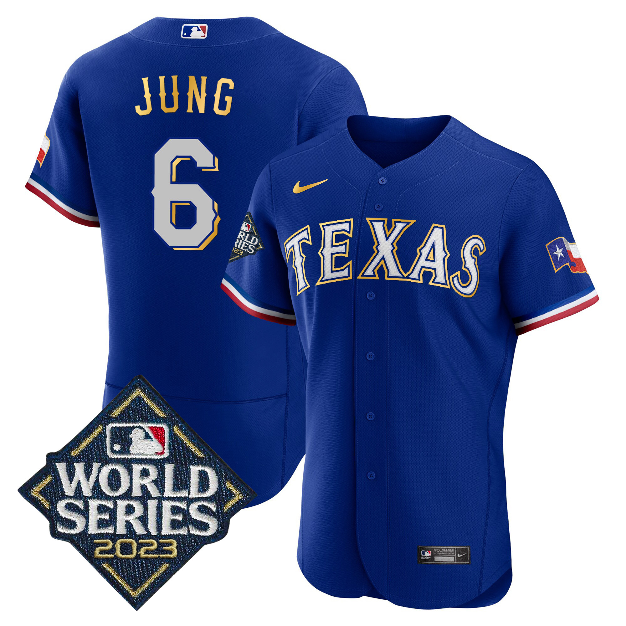 Josh Jung Men's Texas Rangers 2023 World Series Flex Base Gold Trim Royal Jersey - All Stitched