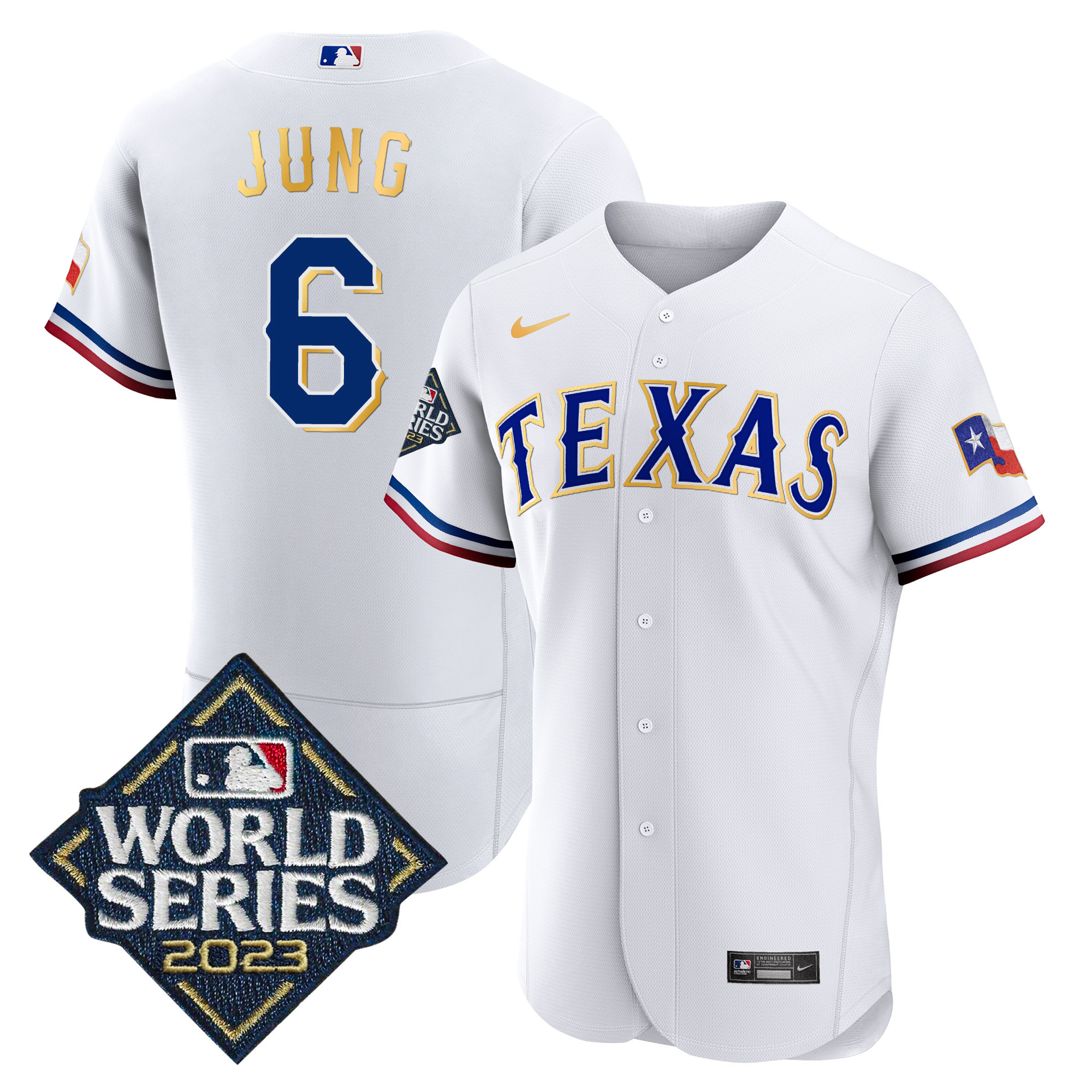 Josh Jung Men's Texas Rangers 2023 World Series Flex Base Gold Trim White Jersey - All Stitched