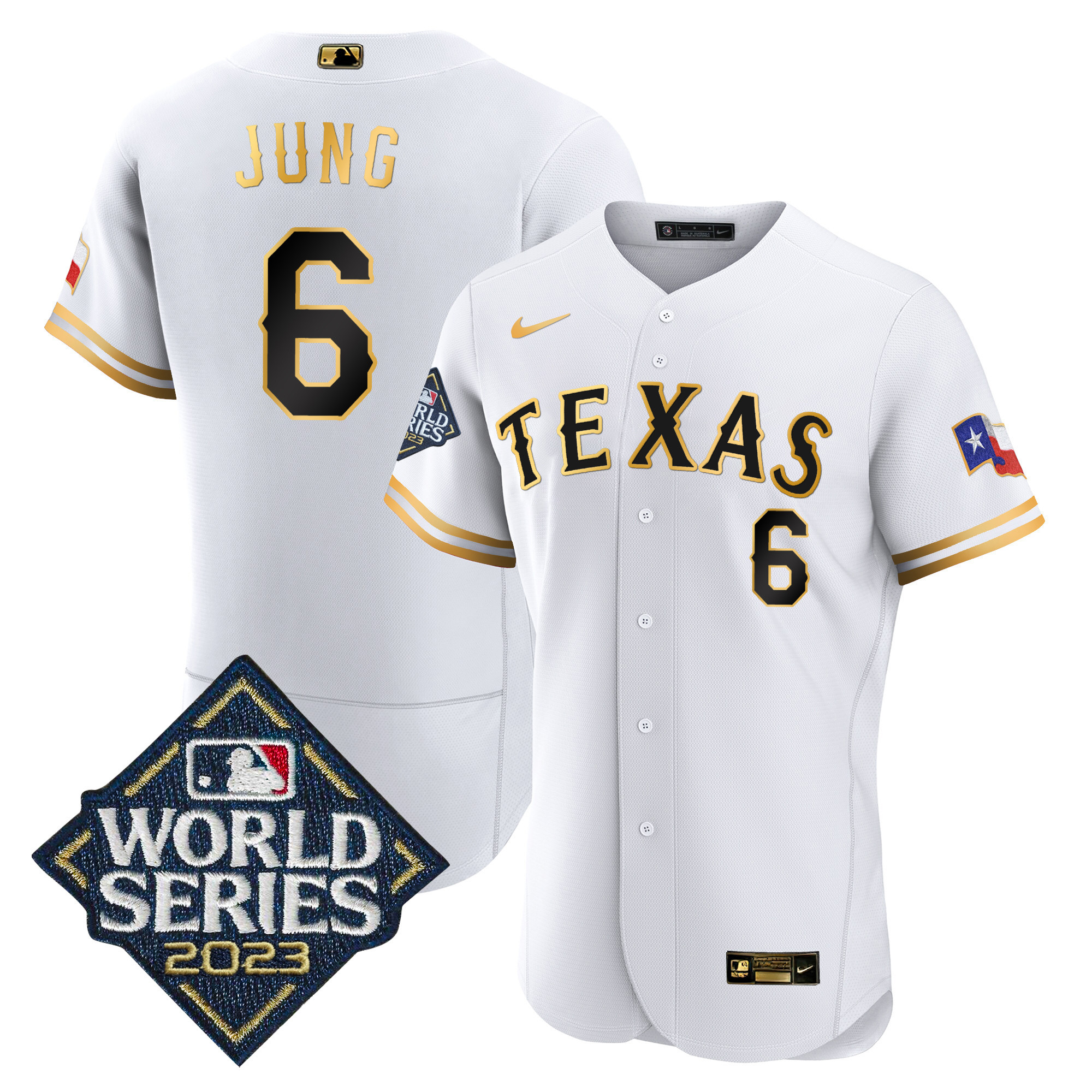 Josh Jung Men's Texas Rangers 2023 World Series Flex Base White Gold Jersey - All Stitched
