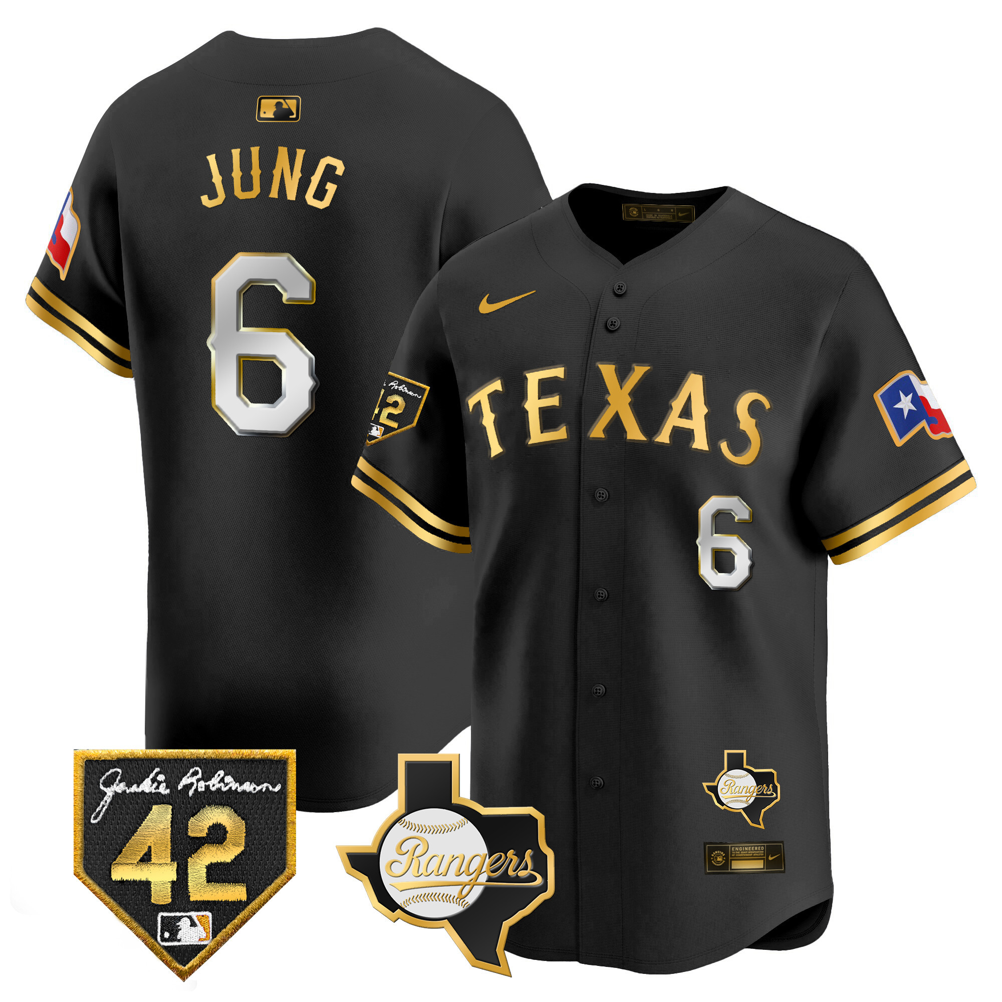 Josh Jung Men's Texas Rangers 2024 Jackie Robinson Patch Vapor Premier Limited Black Gold Jersey - All Stitched