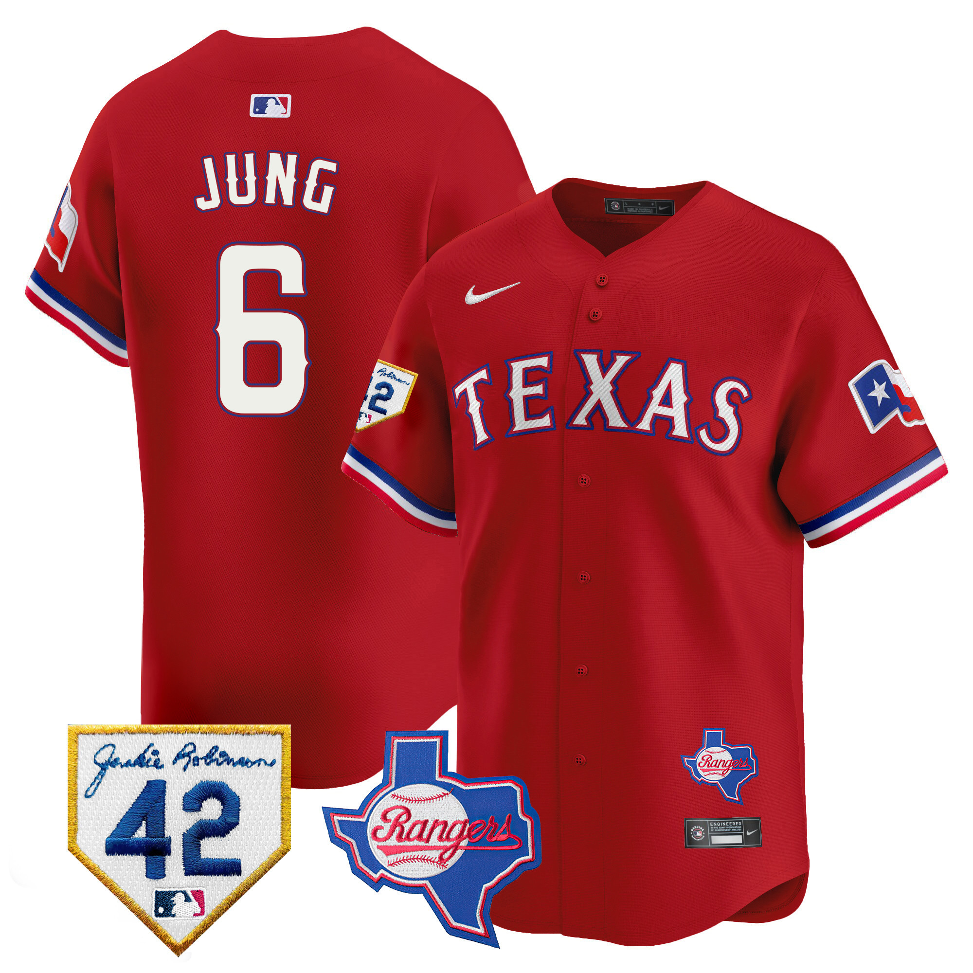 Josh Jung Men's Texas Rangers 2024 Jackie Robinson Patch Vapor Premier Limited Red Jersey - All Stitched