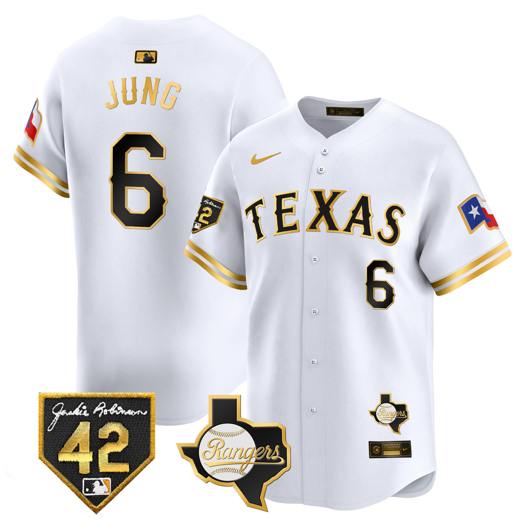 Josh Jung Men's Texas Rangers 2024 Jackie Robinson Patch Vapor Premier Limited White Gold Jersey - All Stitched