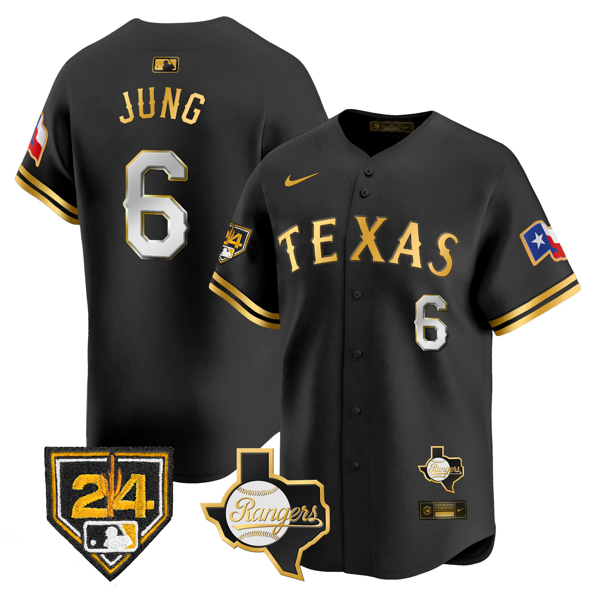 Josh Jung Men's Texas Rangers 2024 Spring Training Patch Vapor Premier Limited Black Gold Jersey - All Stitched