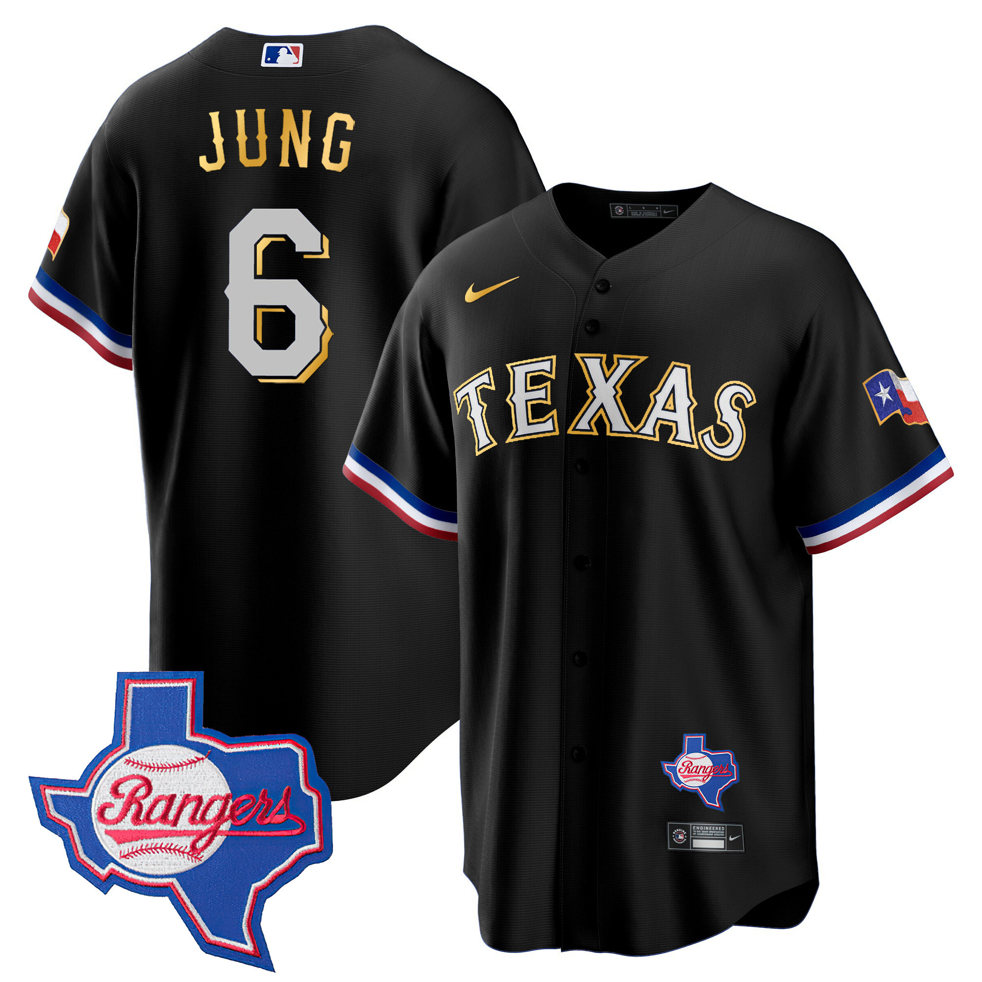 Josh Jung Men's Texas Rangers Gold Trim Cool Base - Texas Patch Black Jersey - All Stitched