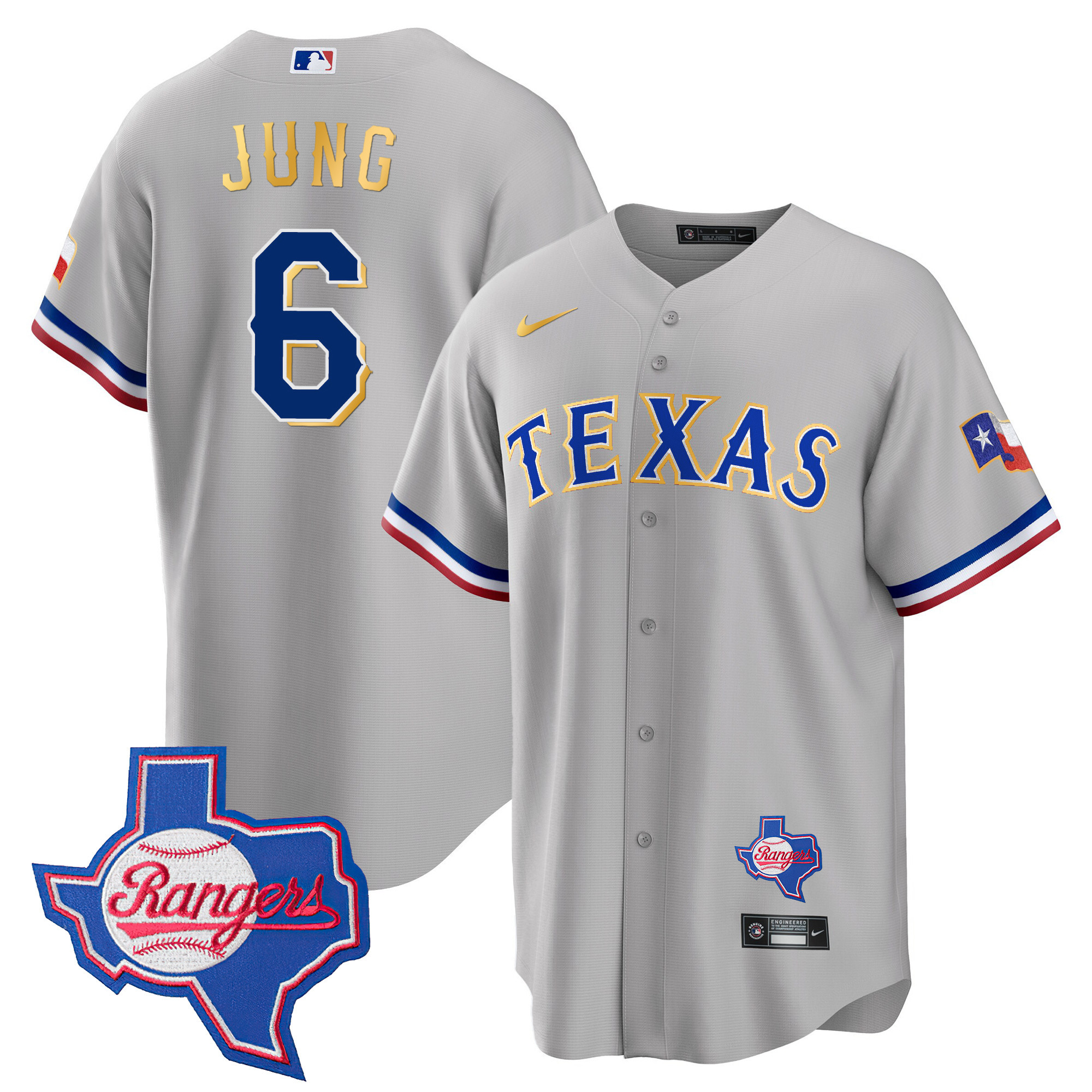 Josh Jung Men's Texas Rangers Gold Trim Cool Base - Texas Patch Gray Jersey - All Stitched