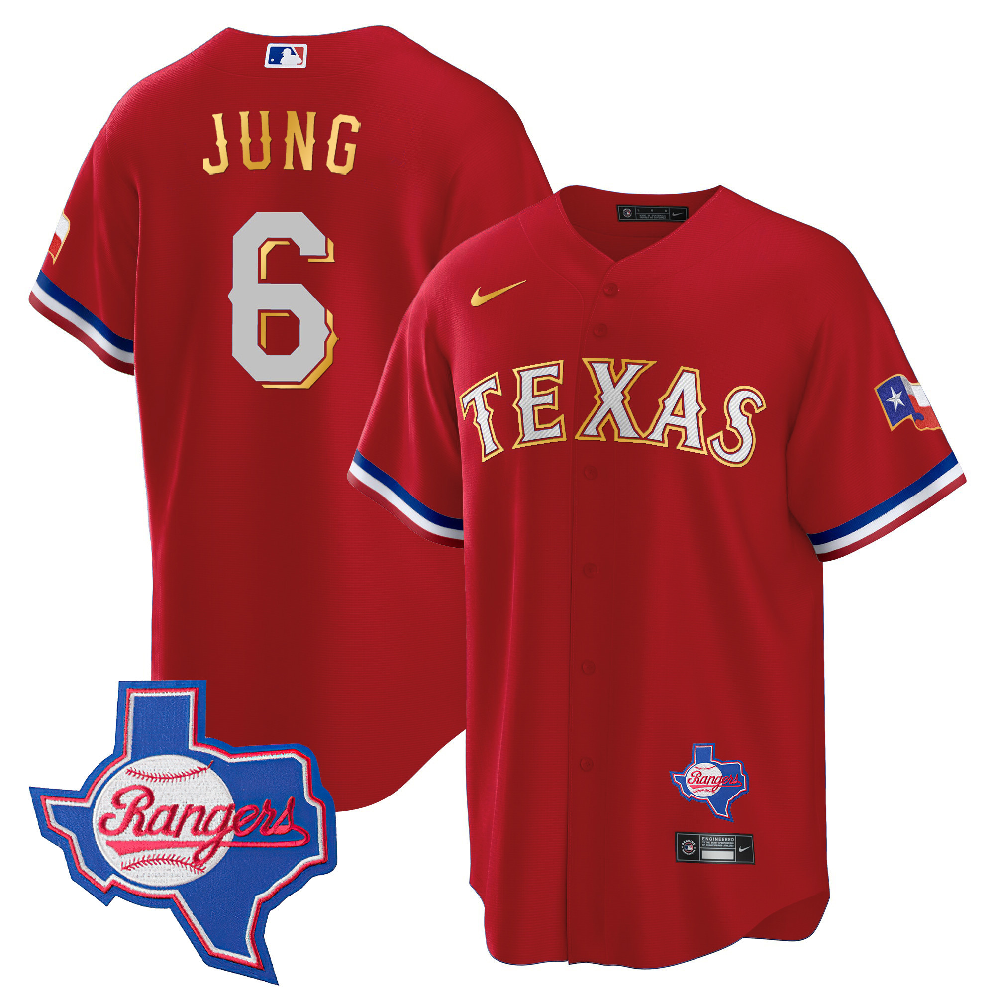 Josh Jung Men's Texas Rangers Gold Trim Cool Base - Texas Patch Red Jersey - All Stitched