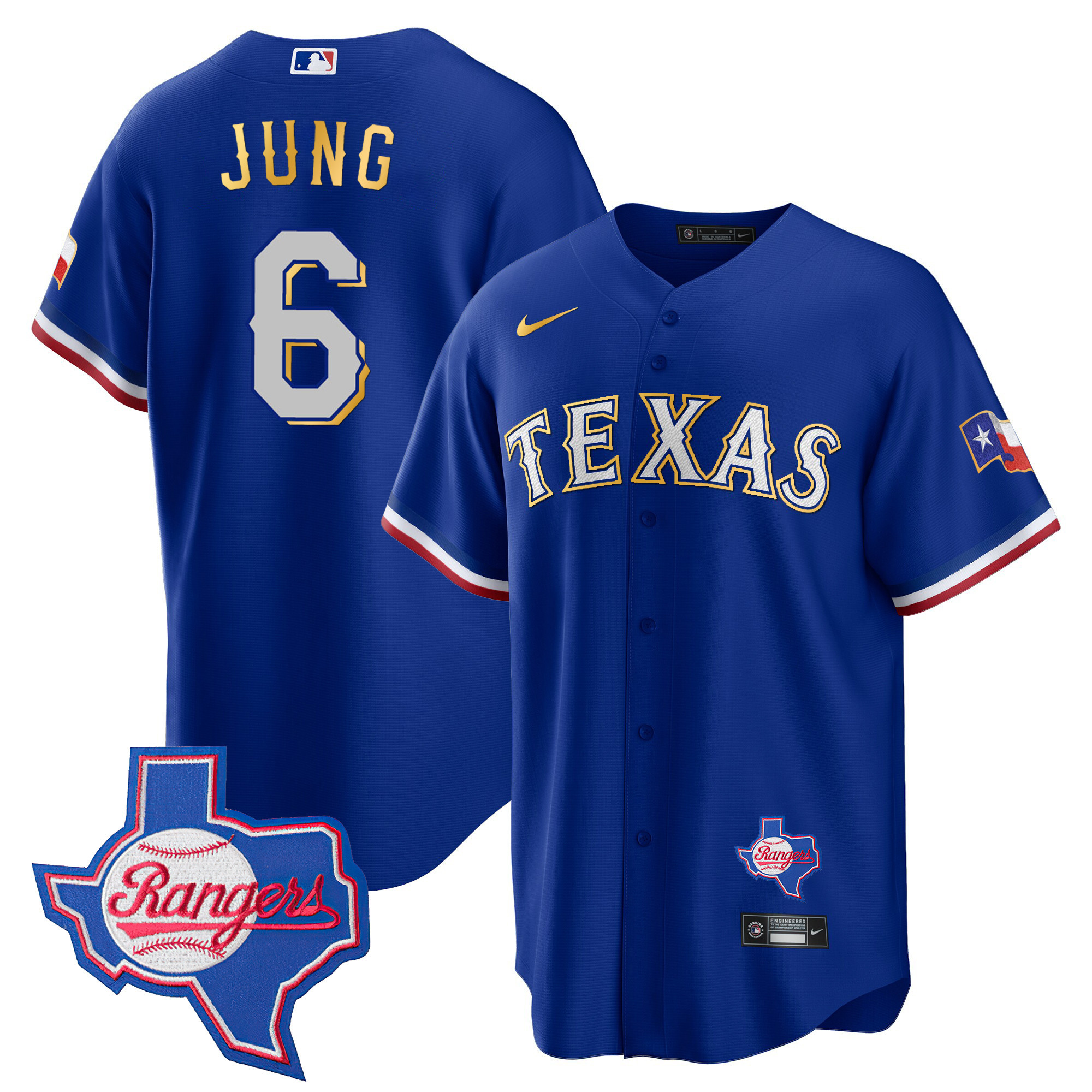 Josh Jung Men's Texas Rangers Gold Trim Cool Base - Texas Patch Royal Jersey - All Stitched