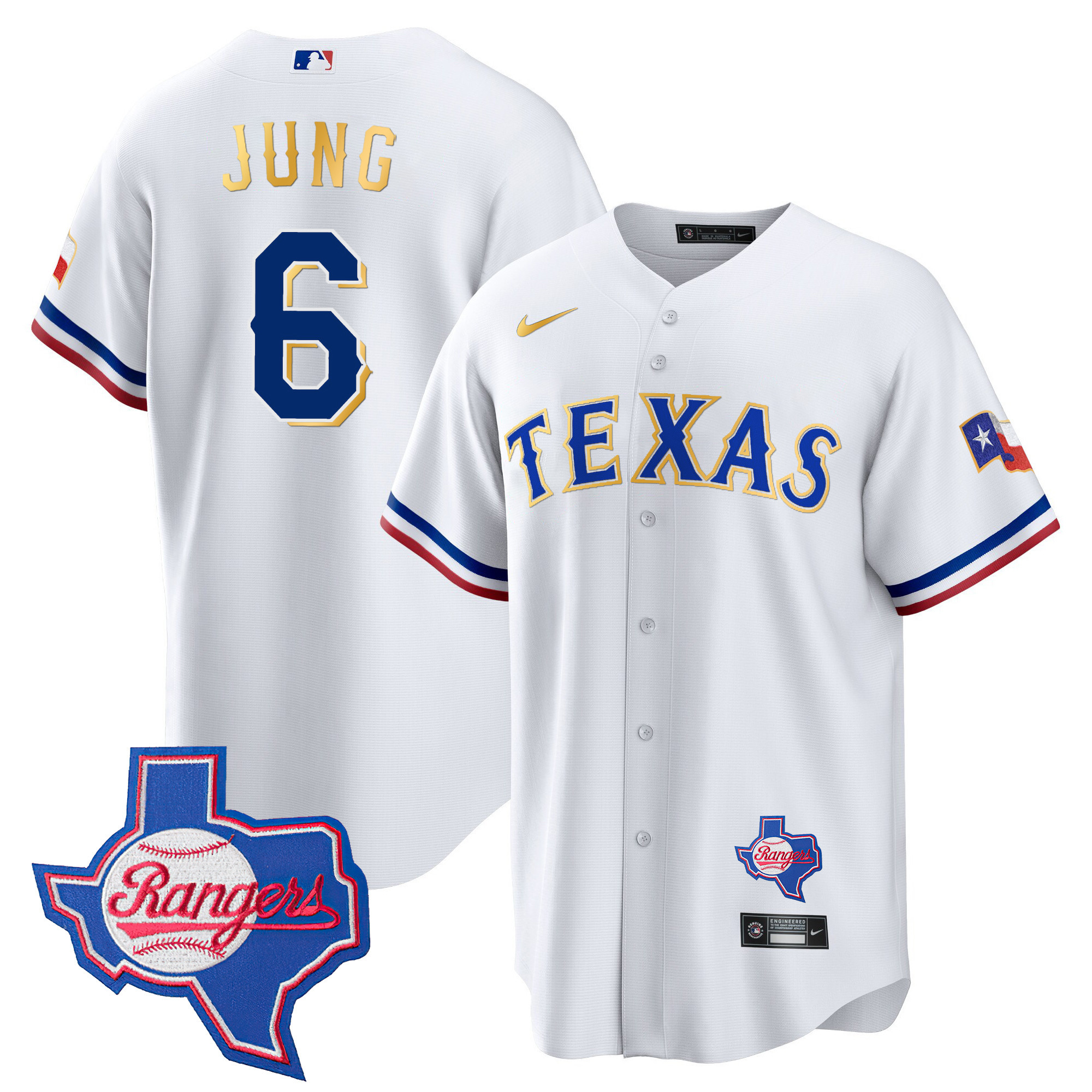 Josh Jung Men's Texas Rangers Gold Trim Cool Base - Texas Patch White Jersey - All Stitched