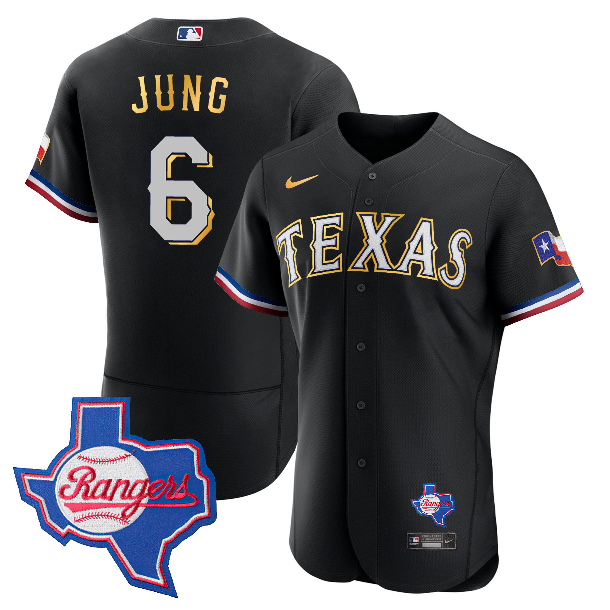 Josh Jung Men's Texas Rangers Gold Trim Flex Base - Texas Patch Black Jersey - All Stitched