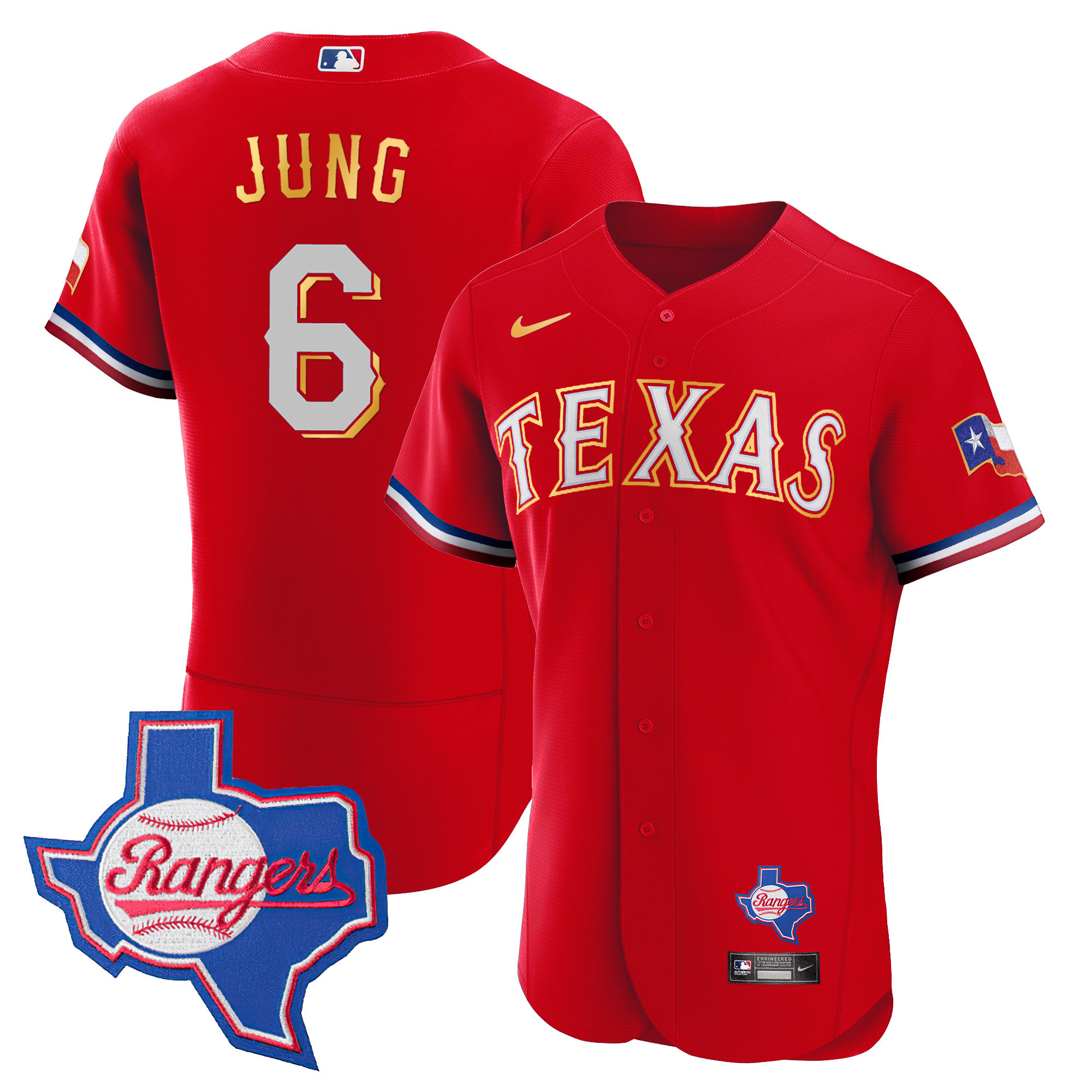 Josh Jung Men's Texas Rangers Gold Trim Flex Base - Texas Patch Red Jersey - All Stitched