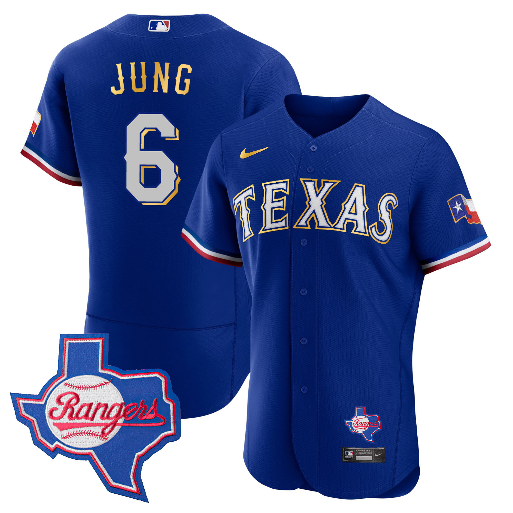 Josh Jung Men's Texas Rangers Gold Trim Flex Base - Texas Patch Royal Jersey - All Stitched