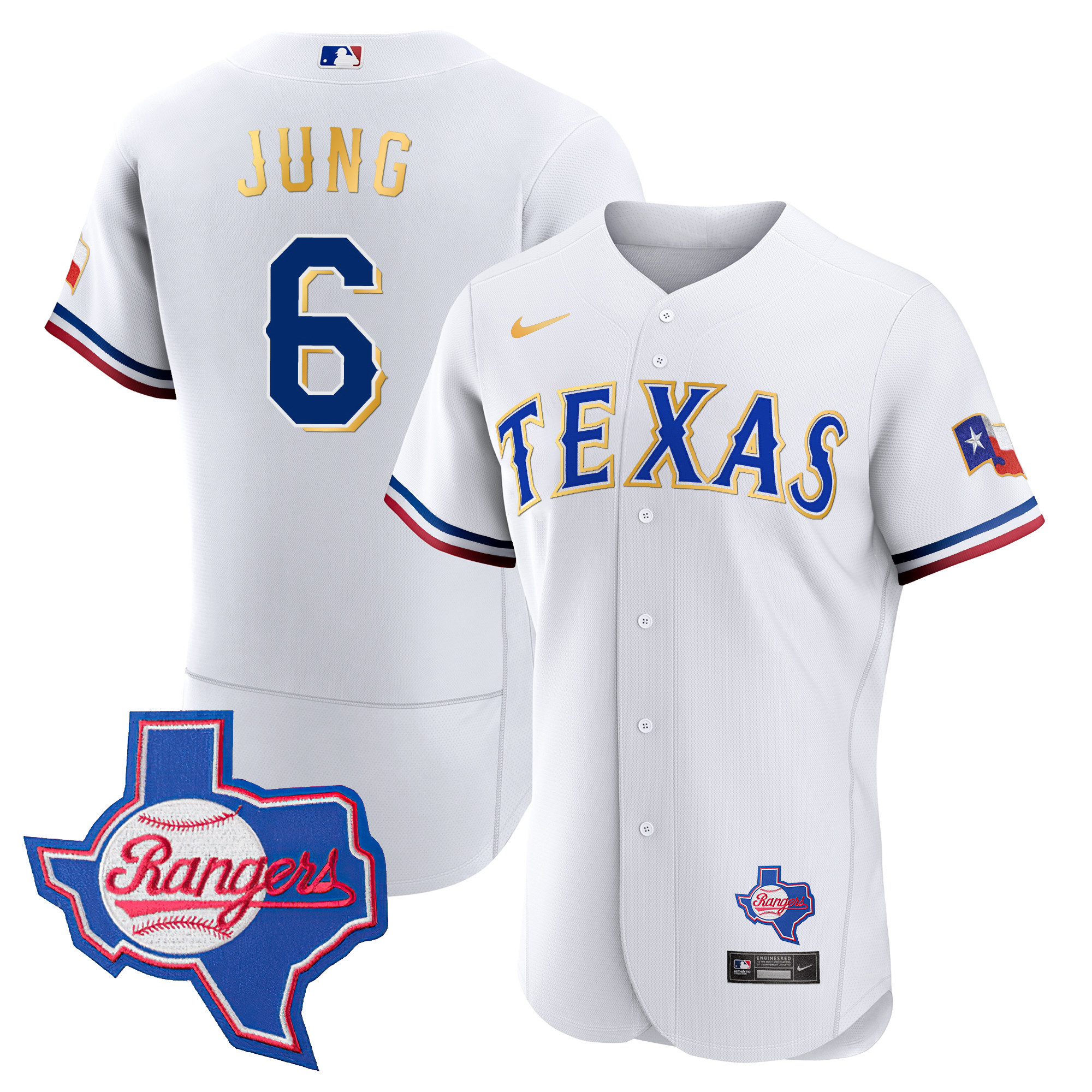 Josh Jung Men's Texas Rangers Gold Trim Flex Base - Texas Patch White Jersey - All Stitched