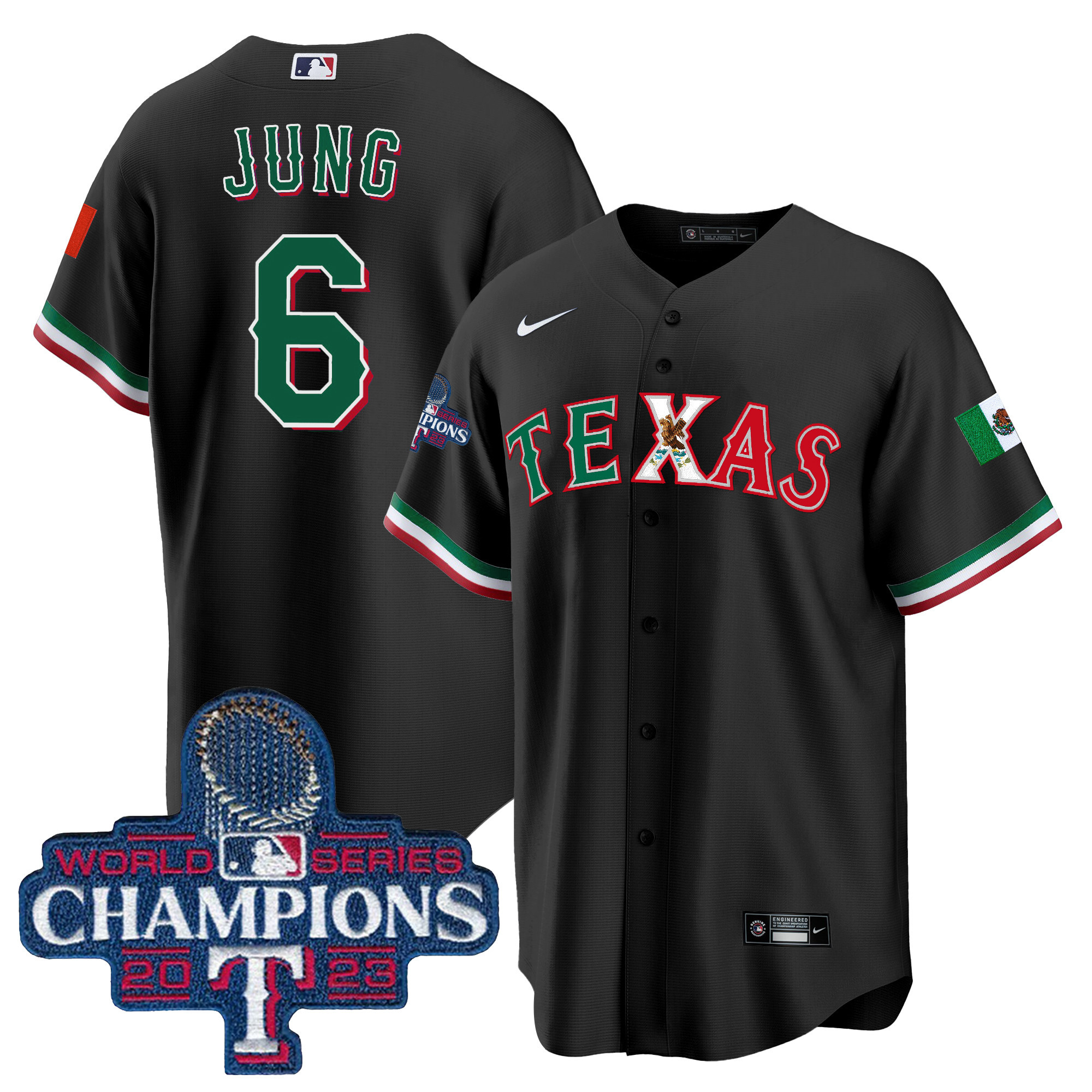 Josh Jung Men's Texas Rangers Mexico 2023 World Series Champions Baseball Black Jersey - All Stitched