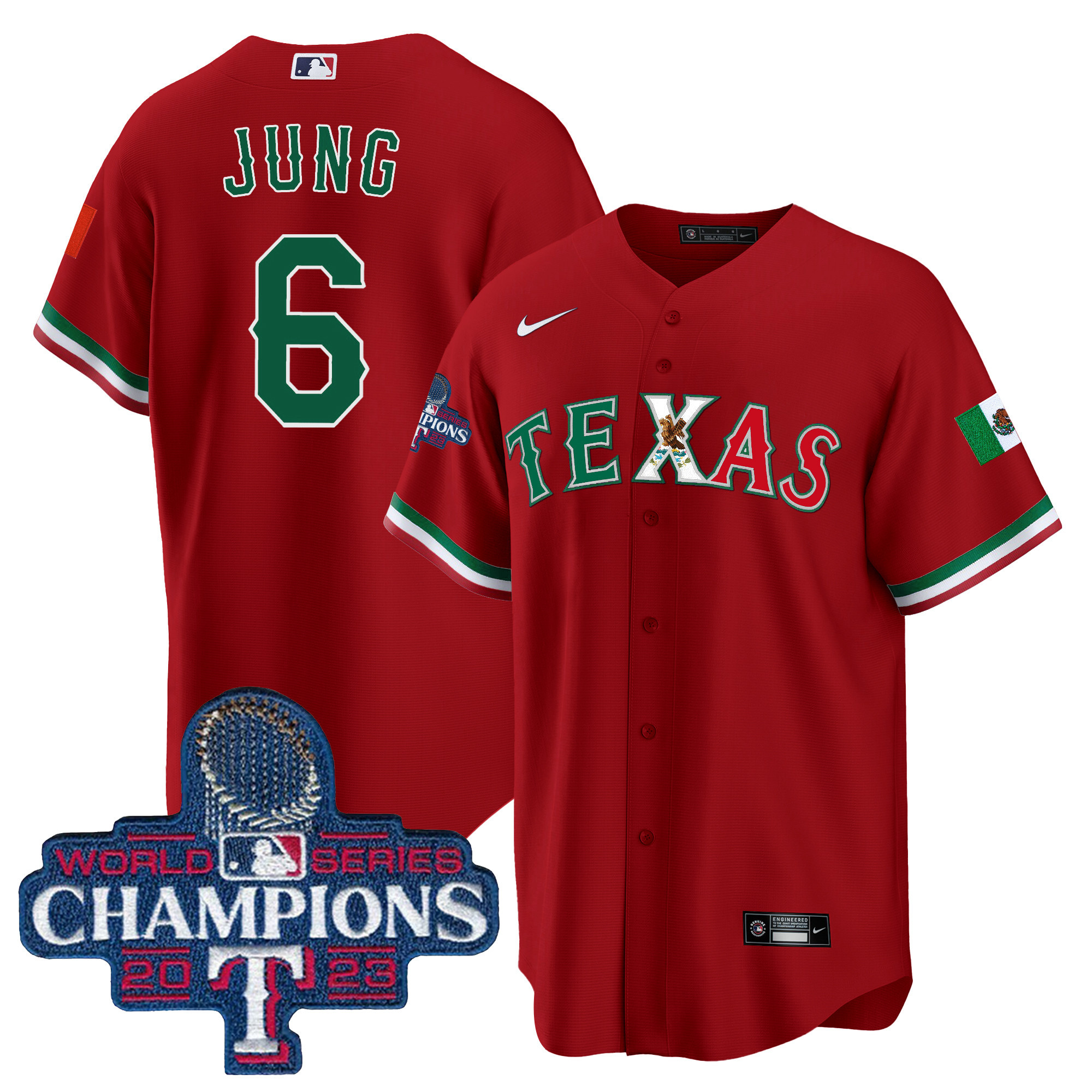 Josh Jung Men's Texas Rangers Mexico 2023 World Series Champions Baseball Red Jersey - All Stitched
