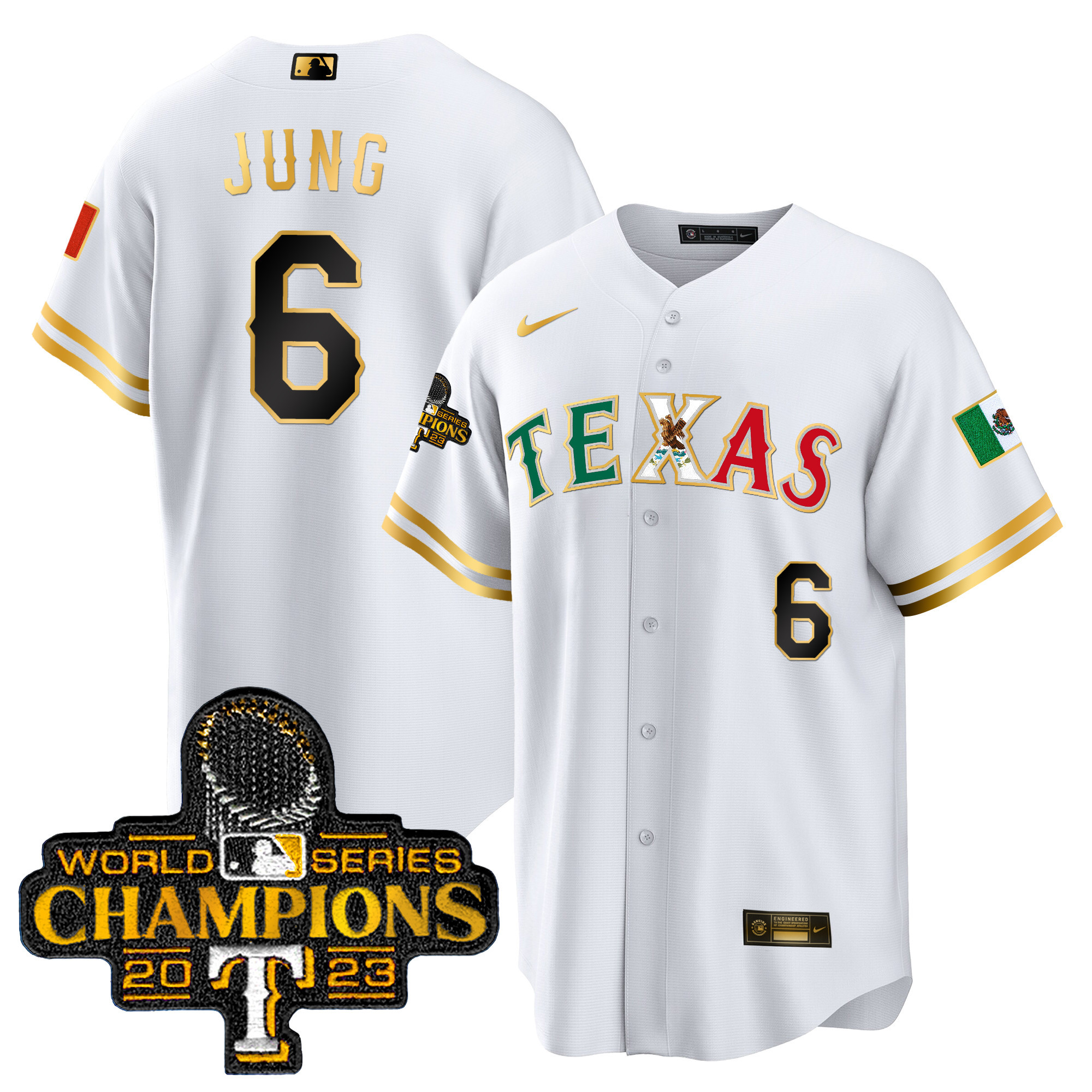 Josh Jung Men's Texas Rangers Mexico 2023 World Series Champions Baseball White Gold Jersey - All Stitched