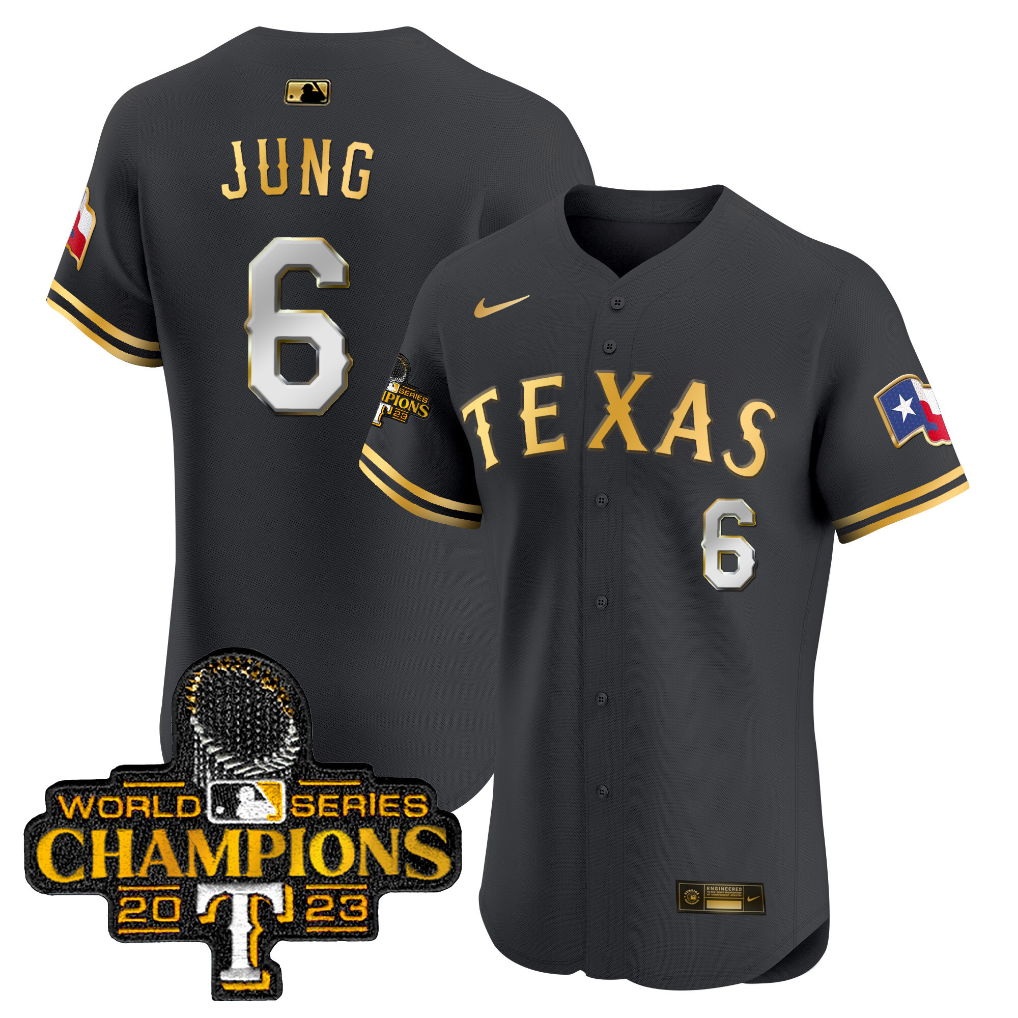 Josh Jung Men's Texas Rangers World Series Champions Vapor Premier Elite Black Gold Jersey - All Stitched - Image 1