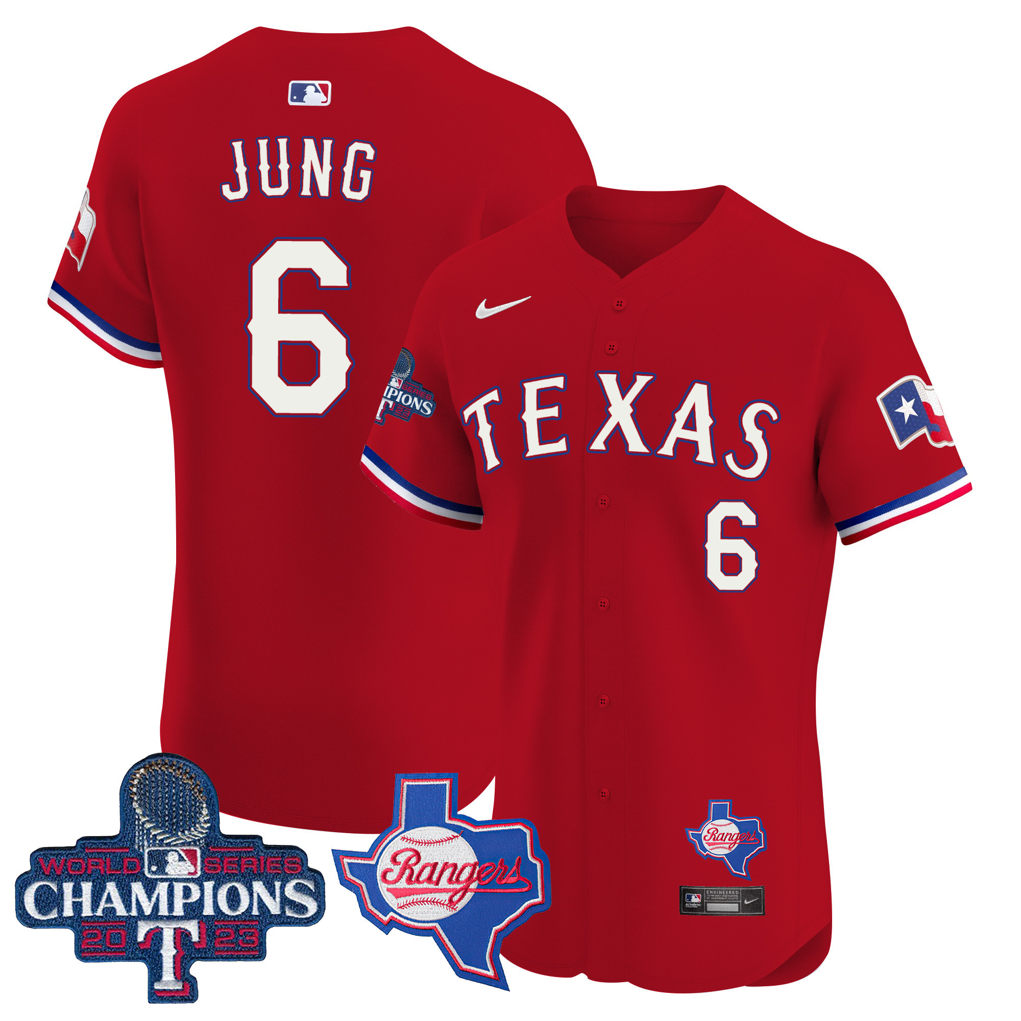 Josh Jung Men's Texas Rangers World Series Champions Vapor Premier Elite V2 Red Jersey - All Stitched - Image 1