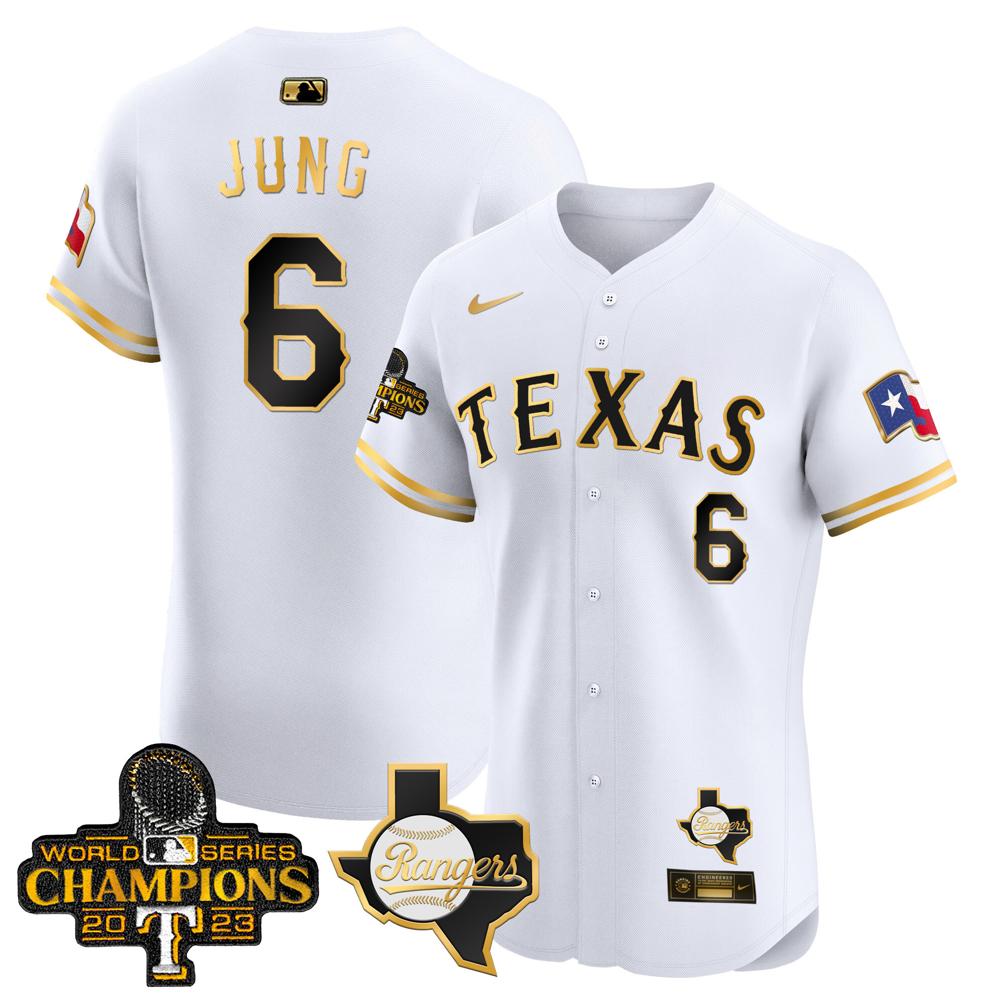 Josh Jung Men's Texas Rangers World Series Champions Vapor Premier Elite V2 White Gold Jersey - All Stitched