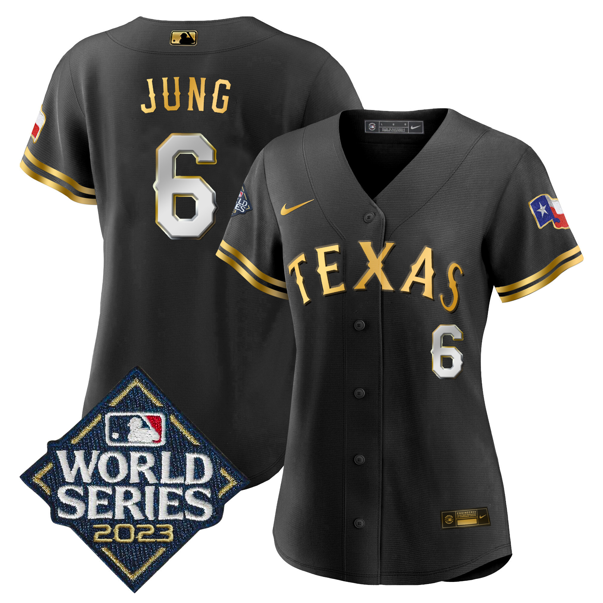 Josh Jung Women's Texas Rangers 2023 World Series Baseball Black Gold Jersey - All Stitched