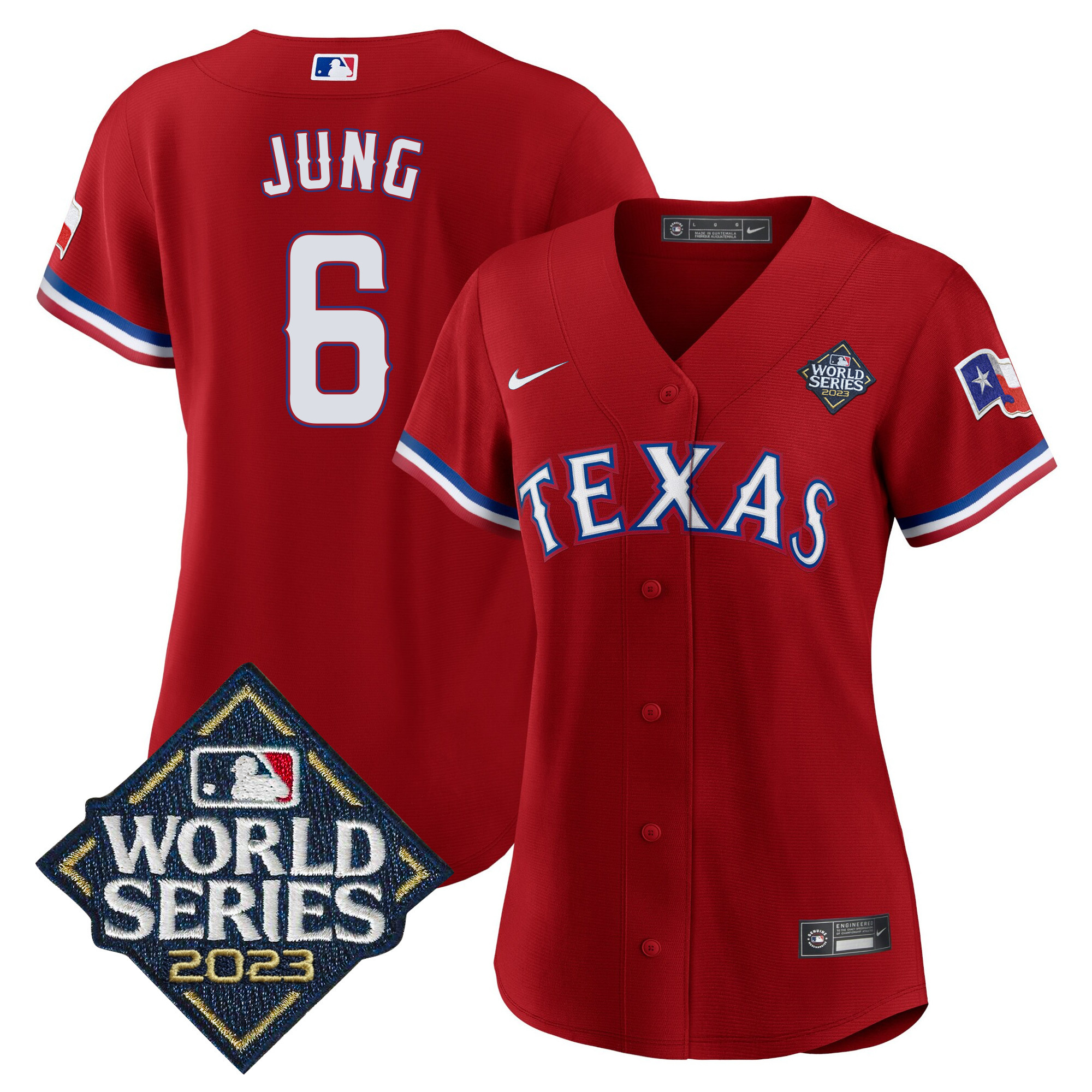 Josh Jung Women's Texas Rangers 2023 World Series Baseball V2 Red Jersey - All Stitched
