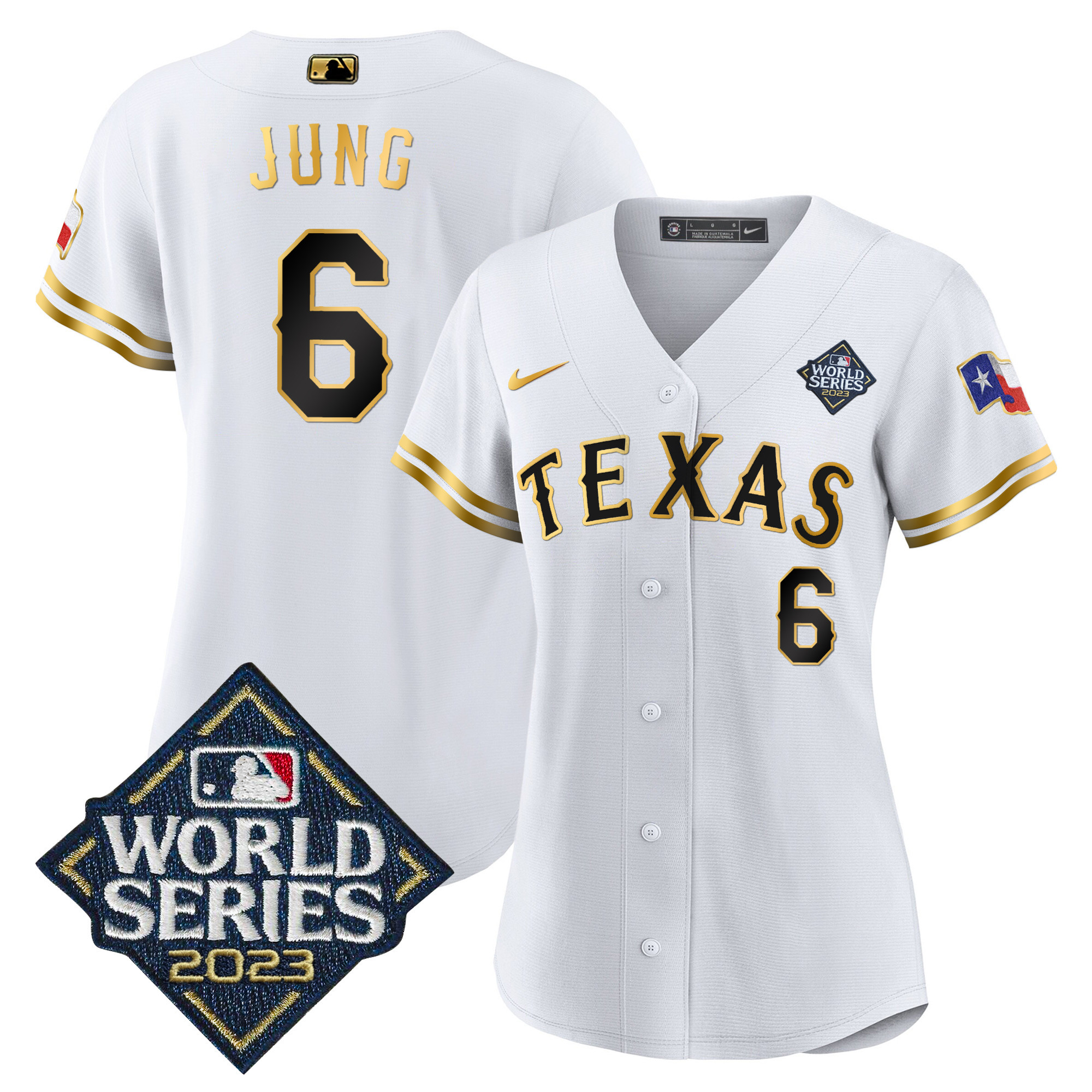 Josh Jung Women's Texas Rangers 2023 World Series Baseball V2 White Gold Jersey - All Stitched
