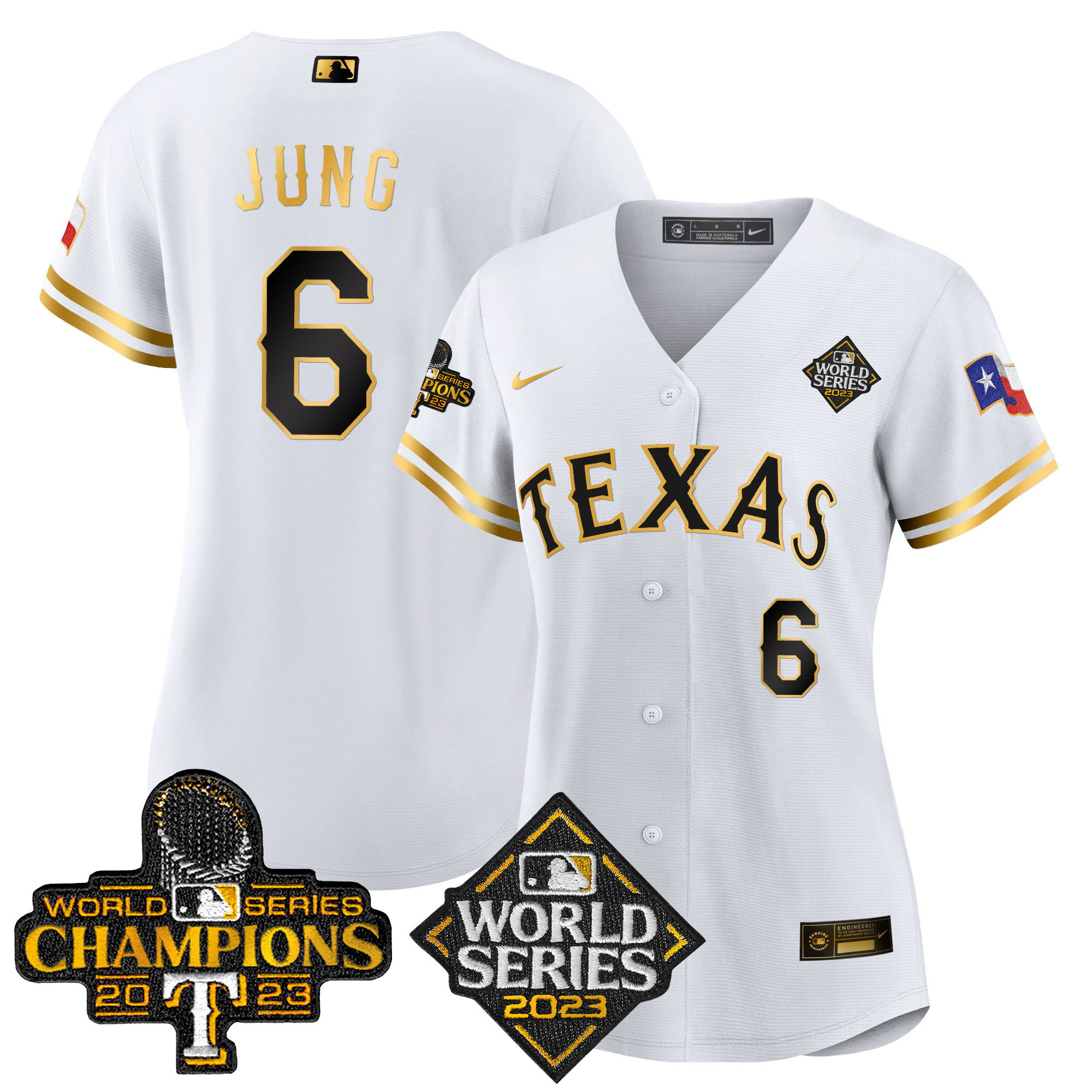 Josh Jung Women's Texas Rangers 2023 World Series Champions Baseball V4 White Gold Jersey - All Stitched