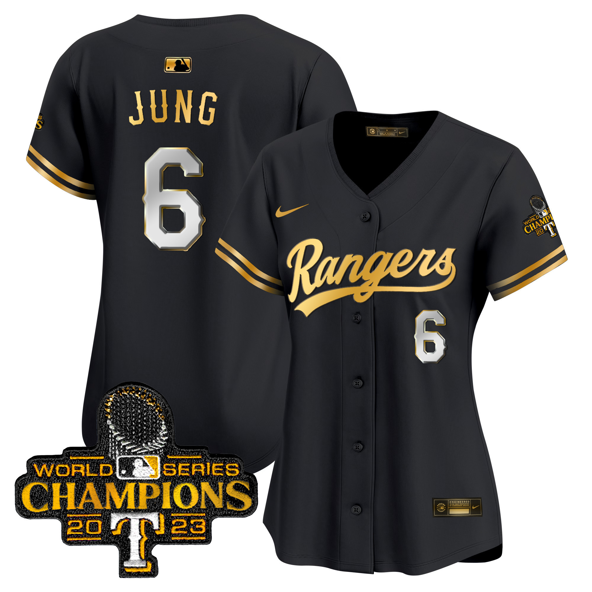 Josh Jung Women's Texas Rangers 2023 World Series Champions Gold Trim Vapor Premier Limited Black Gold Jersey - All Stitched