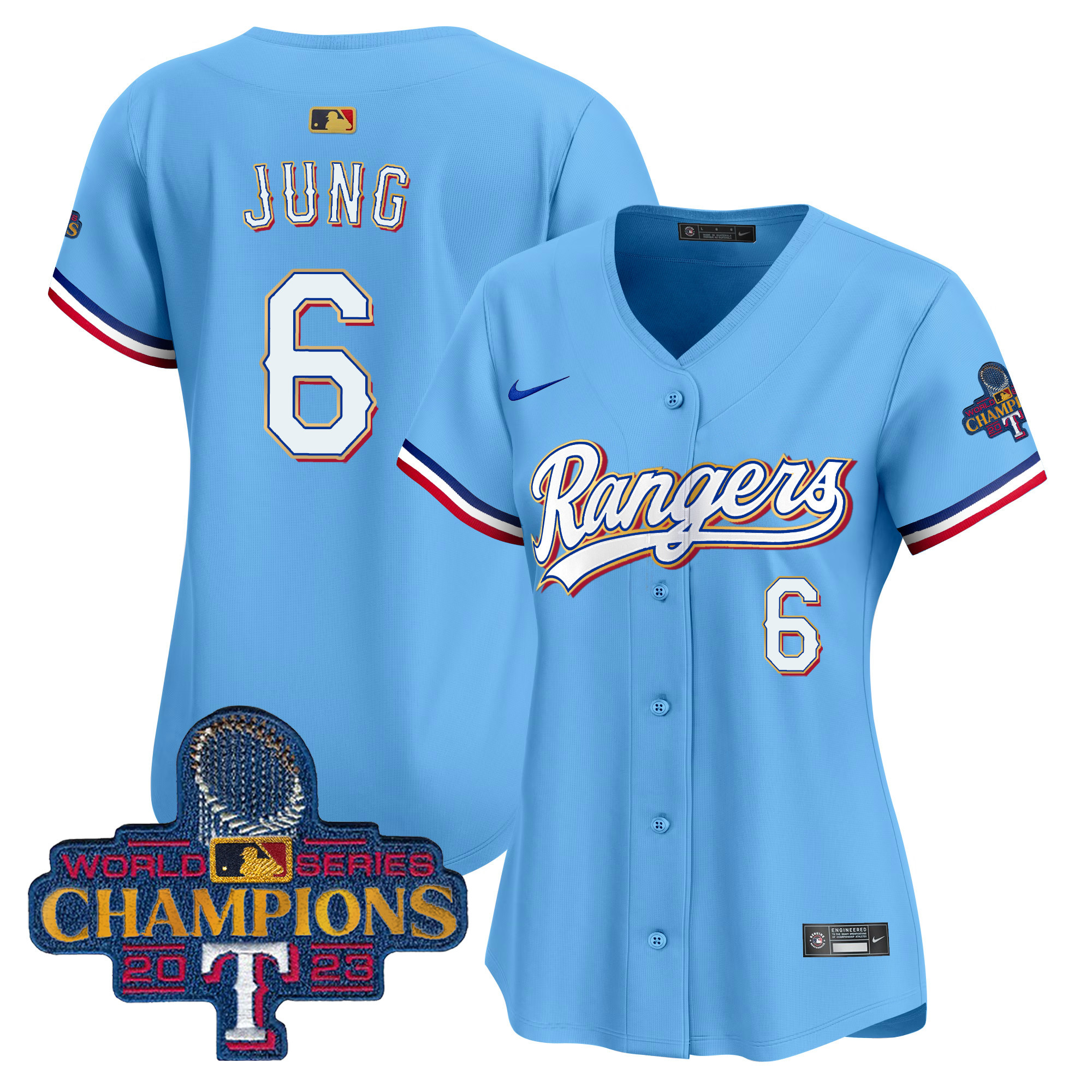Josh Jung Women's Texas Rangers 2023 World Series Champions Gold Trim Vapor Premier Limited Blue Jersey - All Stitched