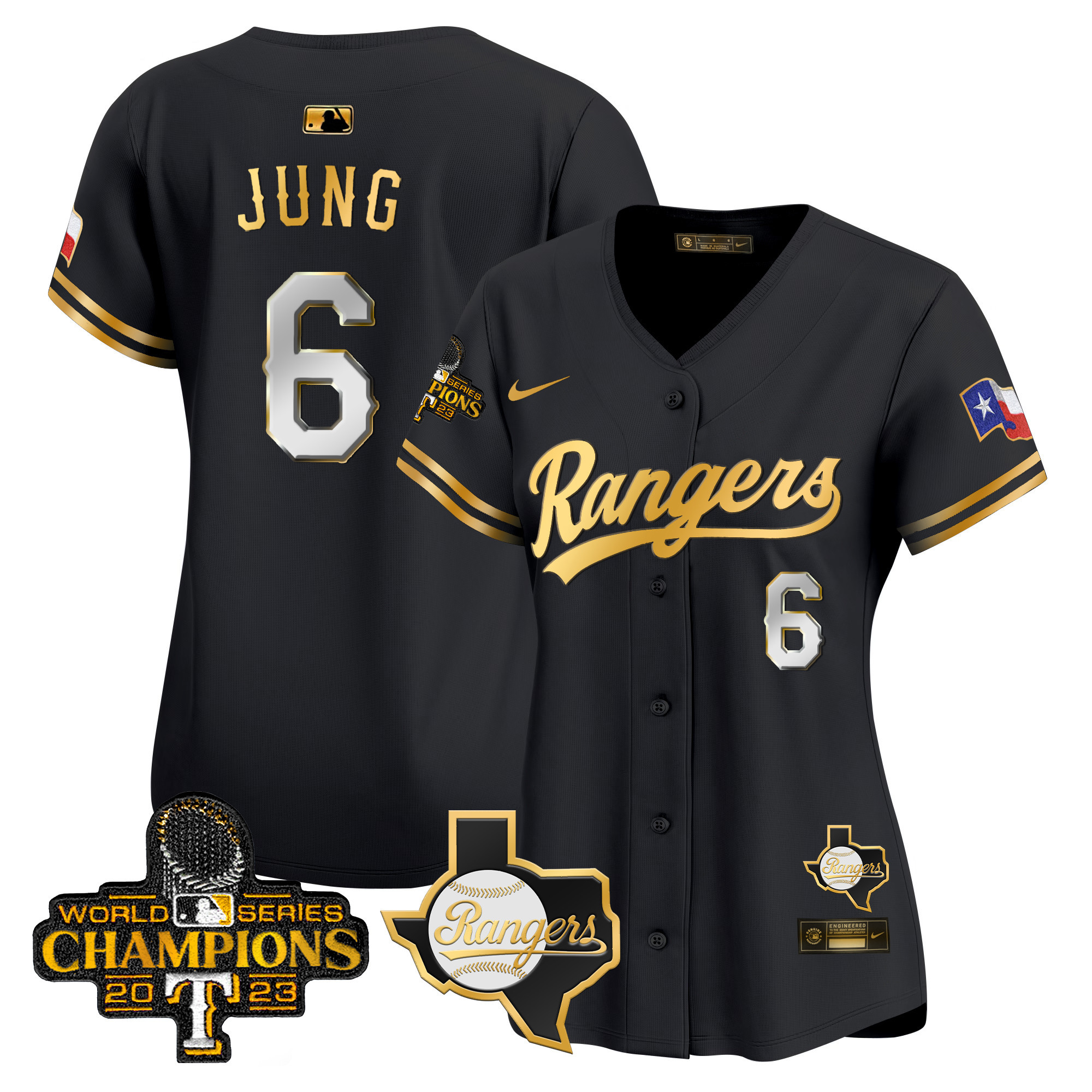 Josh Jung Women's Texas Rangers 2023 World Series Champions Gold Trim Vapor Premier Limited V2 Black Gold Jersey - All Stitched