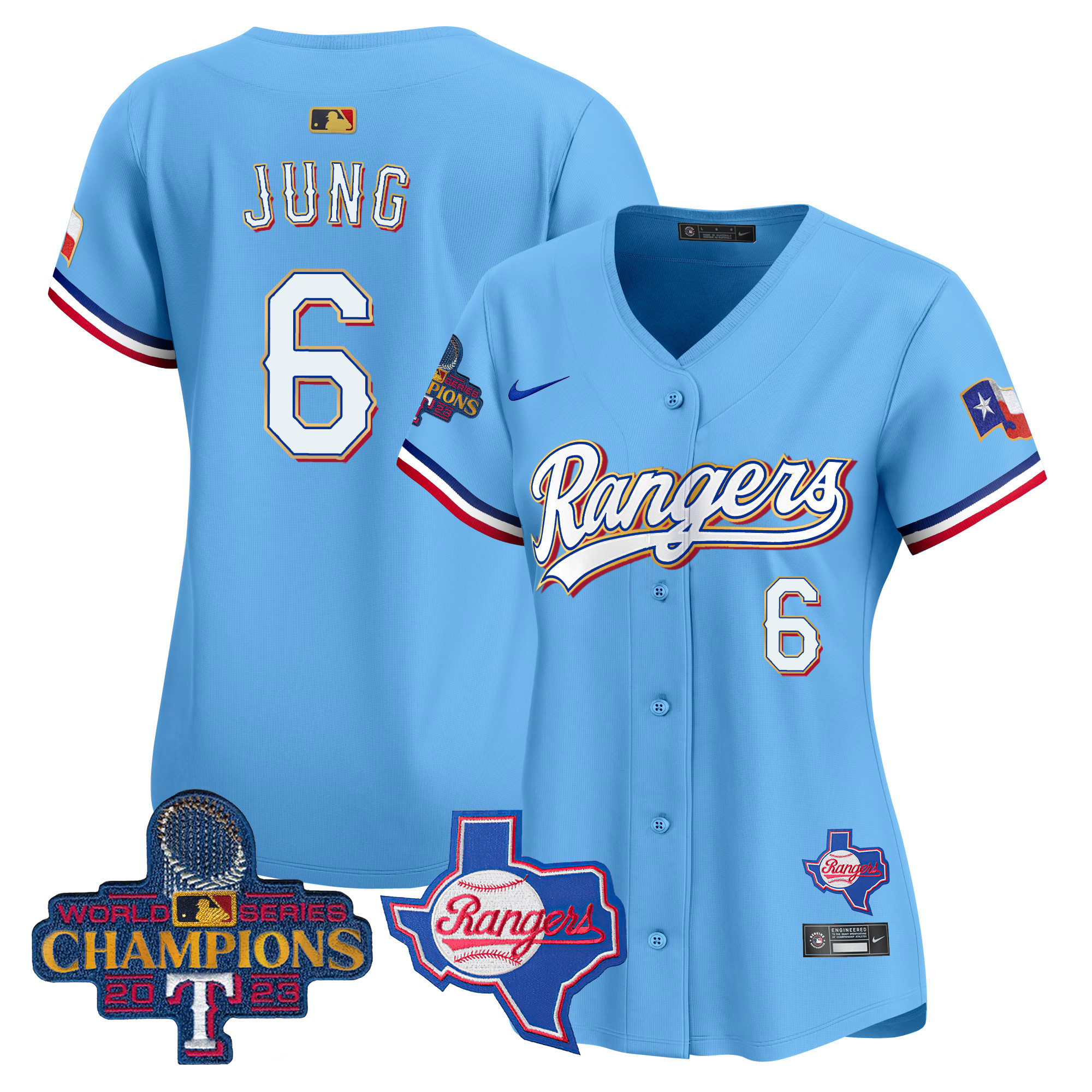 Josh Jung Women's Texas Rangers 2023 World Series Champions Gold Trim Vapor Premier Limited V2 Blue Jersey - All Stitched