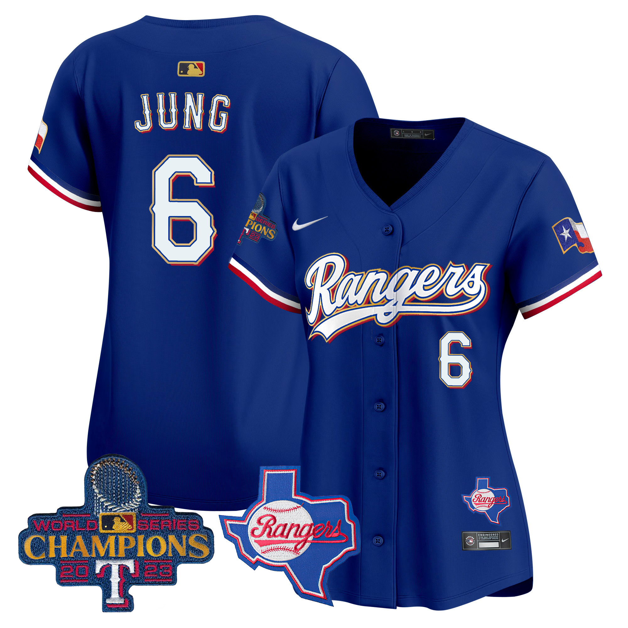 Josh Jung Women's Texas Rangers 2023 World Series Champions Gold Trim Vapor Premier Limited V2 Royal Jersey - All Stitched