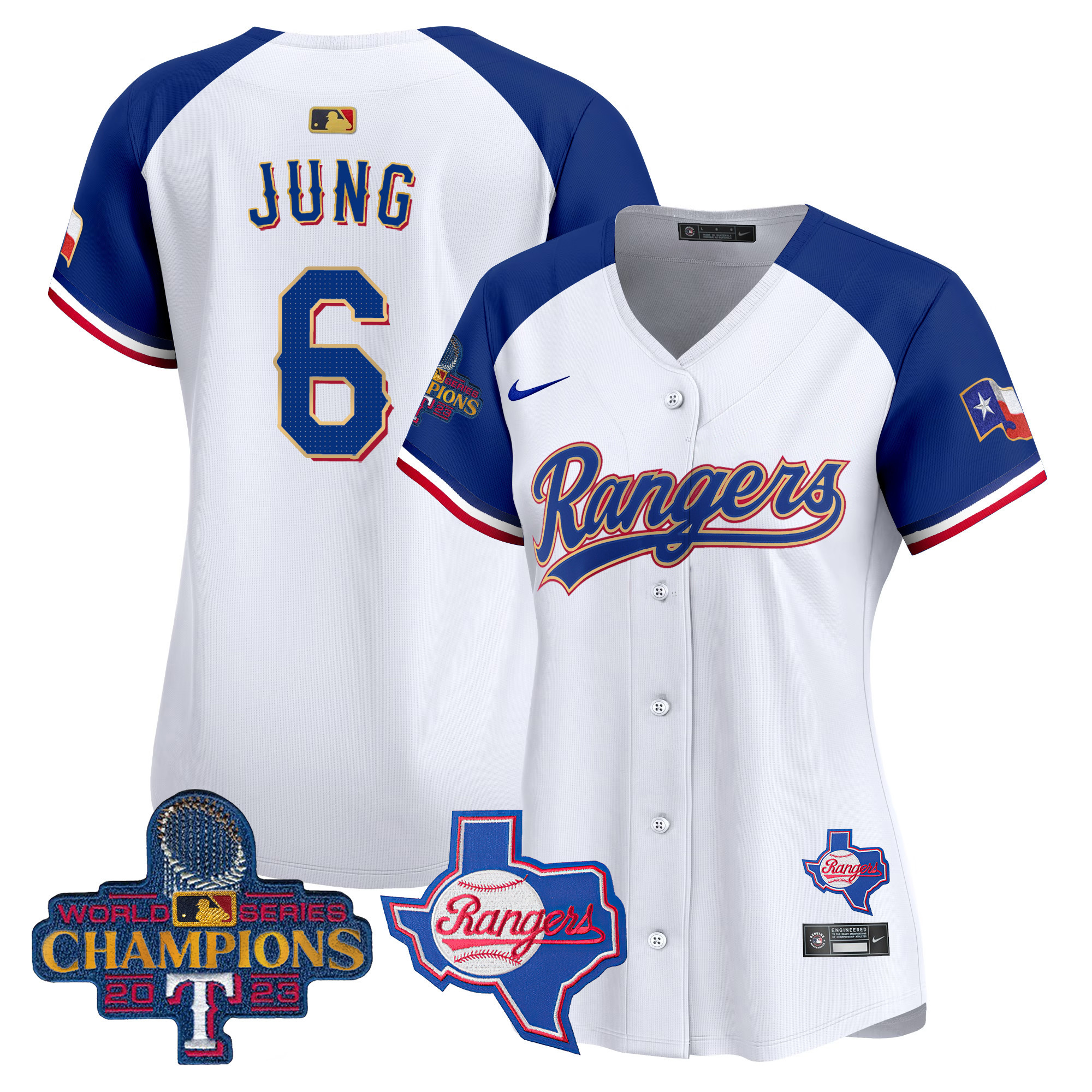 Josh Jung Women's Texas Rangers 2023 World Series Champions Gold Trim Vapor Premier Limited V2 White Alternate Jersey - All Stitched