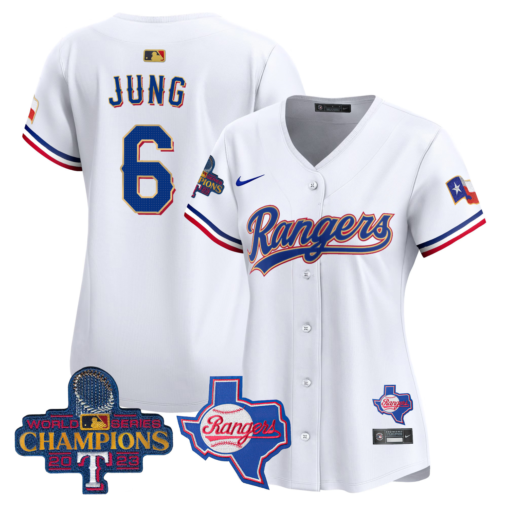 Josh Jung Women's Texas Rangers 2023 World Series Champions Gold Trim Vapor Premier Limited V2 White Jersey - All Stitched