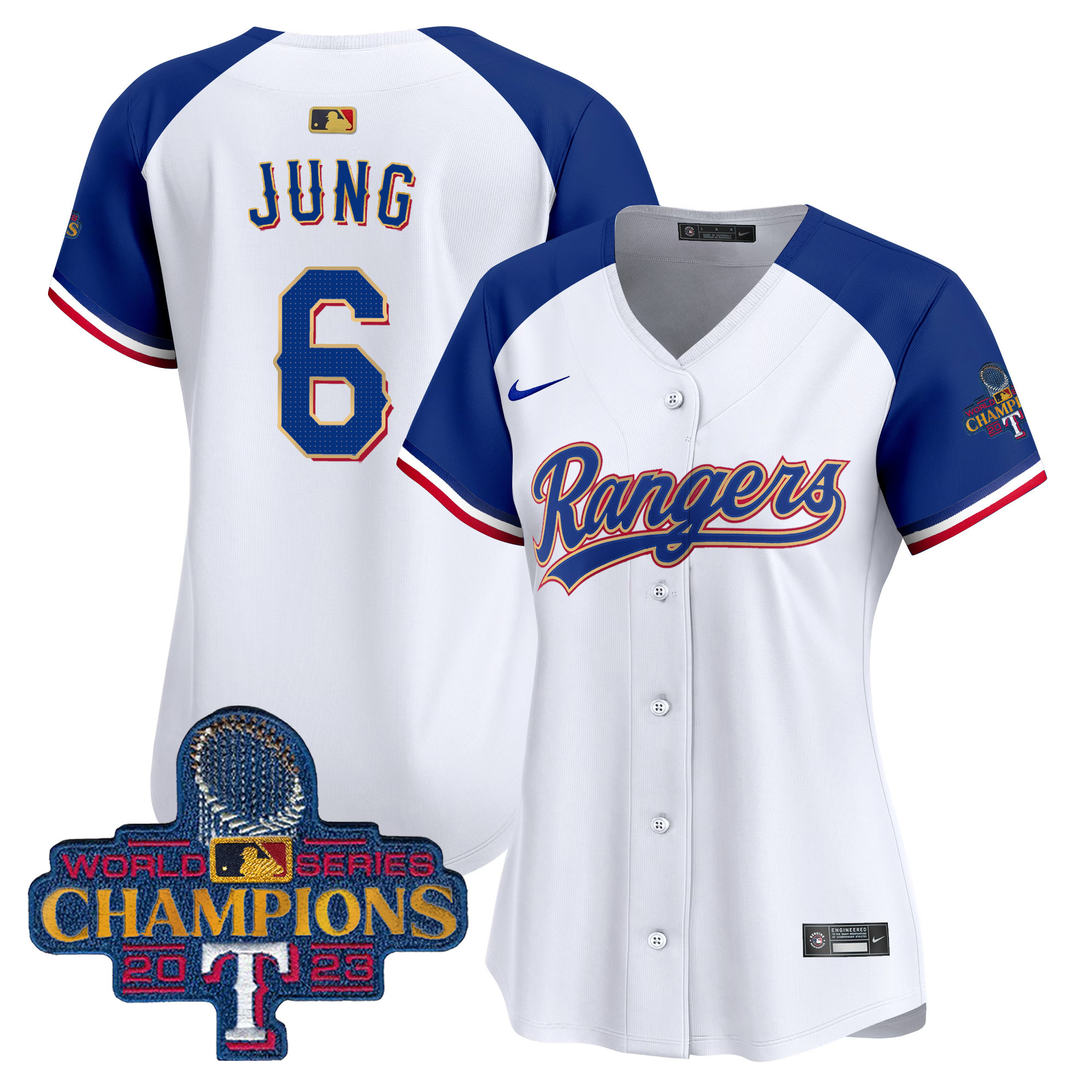 Josh Jung Women's Texas Rangers 2023 World Series Champions Gold Trim Vapor Premier Limited White Alternate Jersey - All Stitched