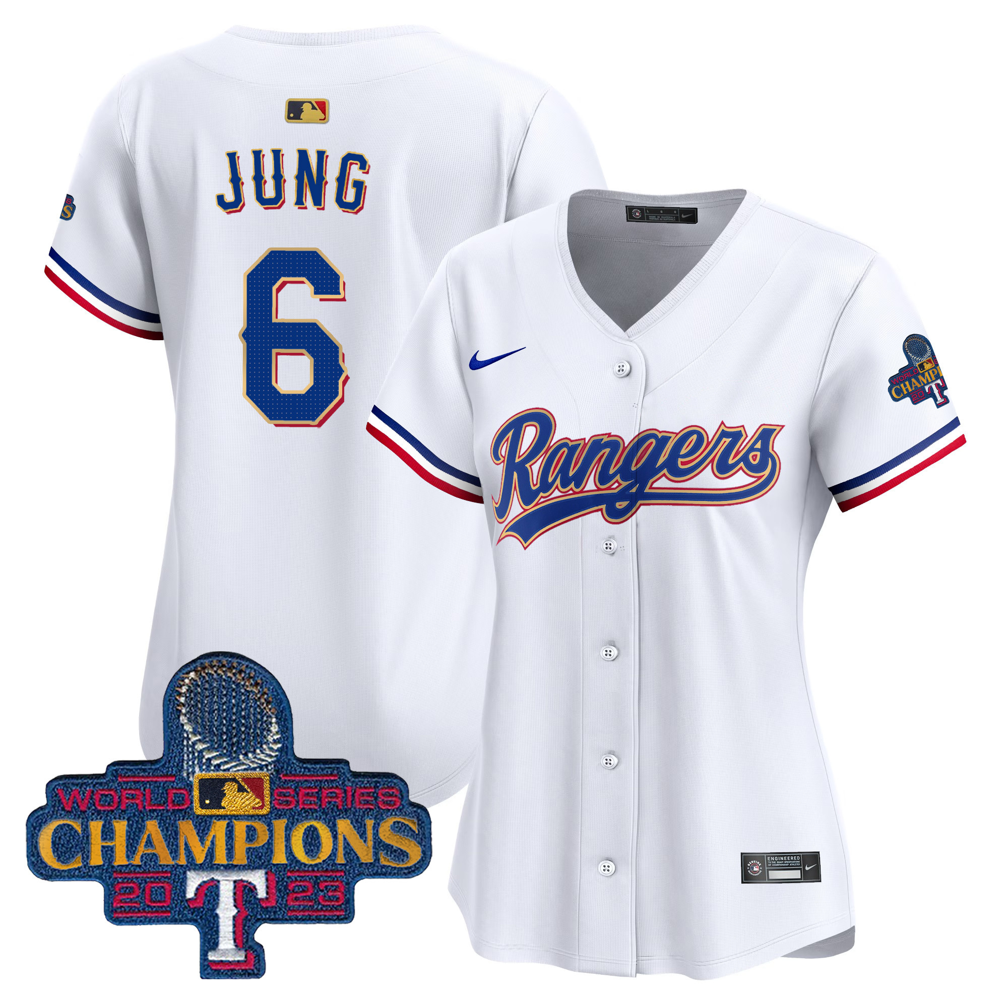 Josh Jung Women's Texas Rangers 2023 World Series Champions Gold Trim Vapor Premier Limited White Jersey - All Stitched