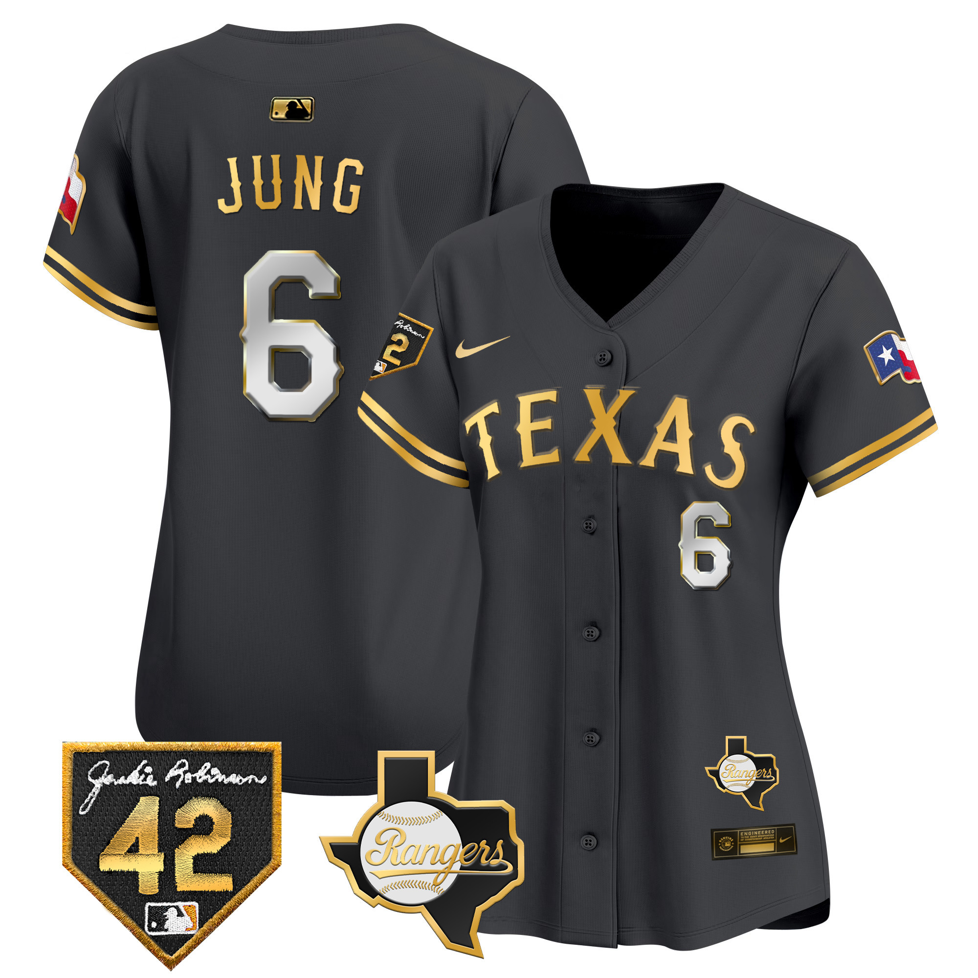 Josh Jung Women's Texas Rangers 2024 Jackie Robinson Patch Vapor Premier Limited Black Gold Jersey - All Stitched