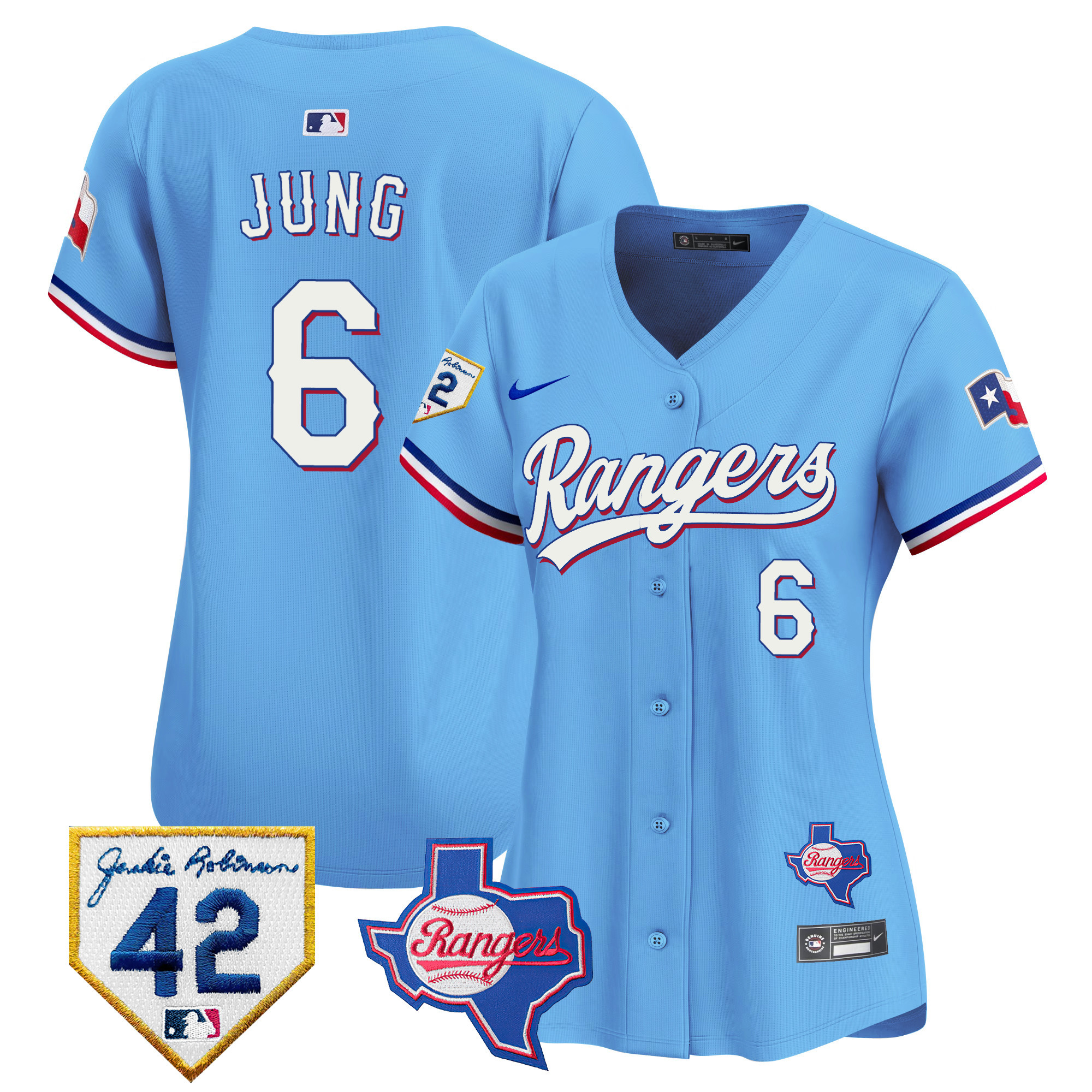 Josh Jung Women's Texas Rangers 2024 Jackie Robinson Patch Vapor Premier Limited Blue Jersey - All Stitched