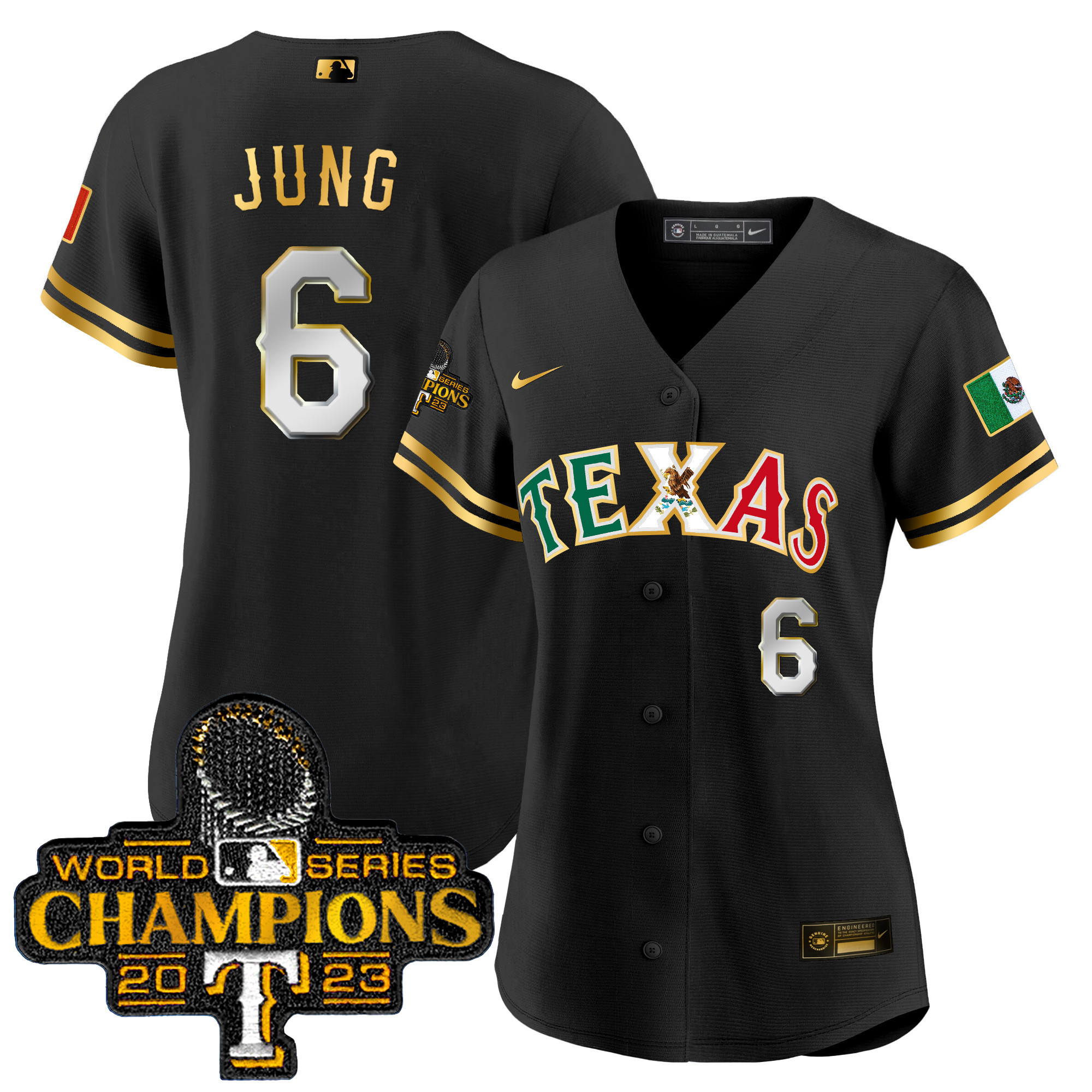 Josh Jung Women's Texas Rangers Mexico 2023 World Series Champions Baseball Black Gold Jersey - All Stitched