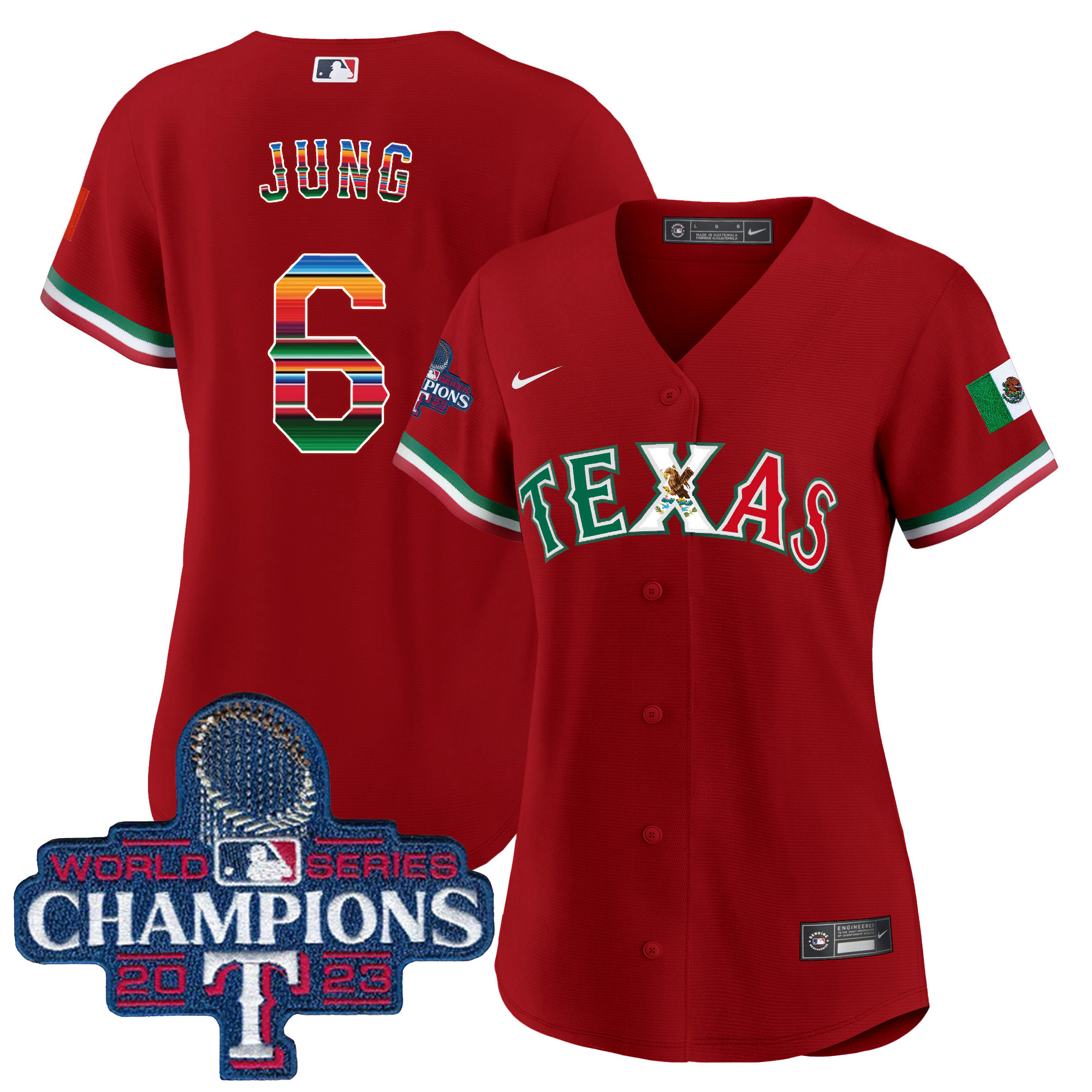 Josh Jung Women's Texas Rangers Mexico 2023 World Series Champions Baseball V2 Red Jersey - All Stitched