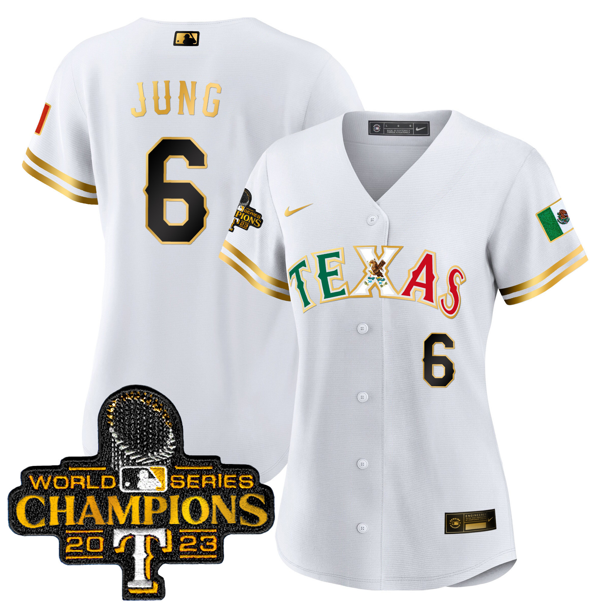 Josh Jung Women's Texas Rangers Mexico 2023 World Series Champions Baseball White Gold Jersey - All Stitched