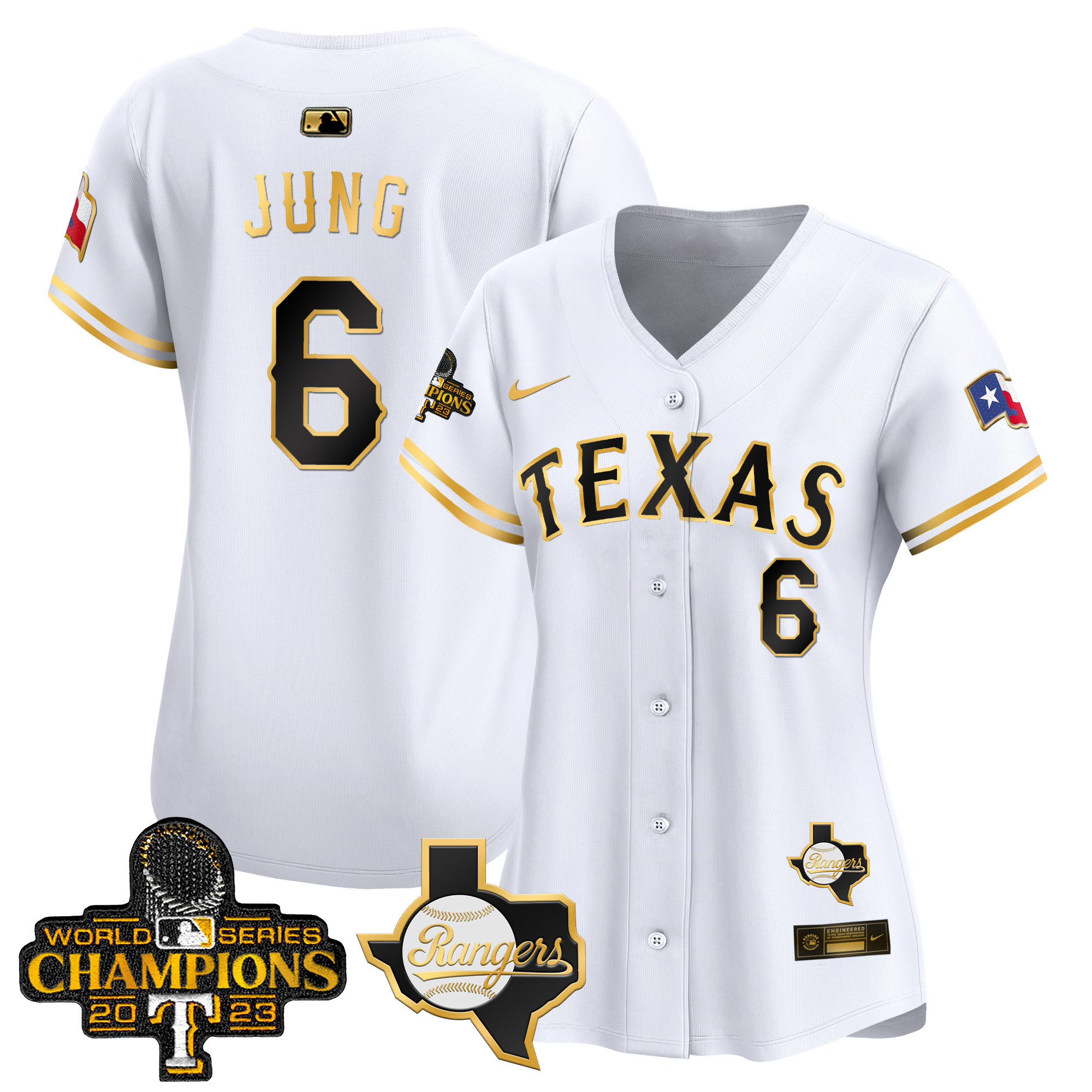 Josh Jung Women's Texas Rangers World Series Champions Vapor Premier Limited V2 White Gold Jersey - All Stitched