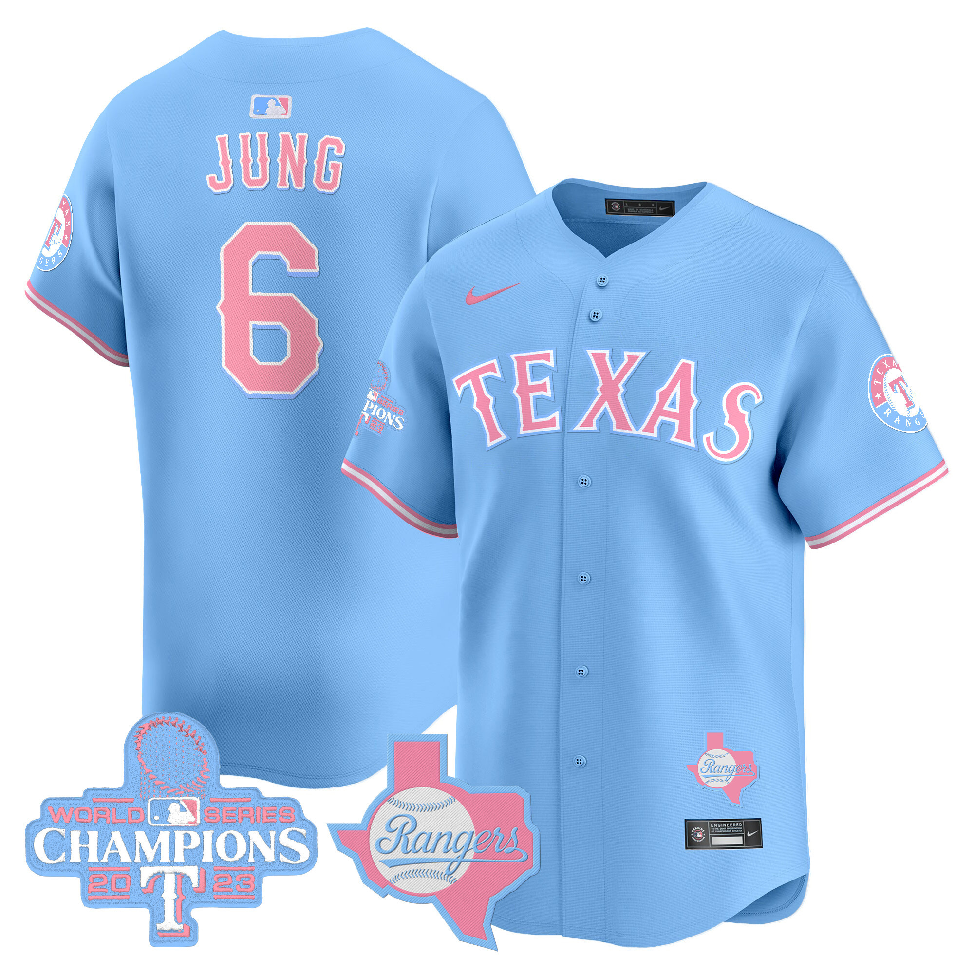 Josh JungUnisex Texas Rangers Bubblegum Pink Vapor Premier Limited Light Blue Jersey - All Stitched