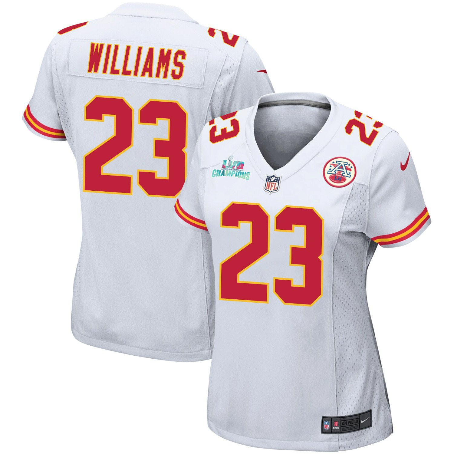 Joshua Williams 23 Kansas City Chiefs Super Bowl LVII Champions Women Game Stitched Jersey – White