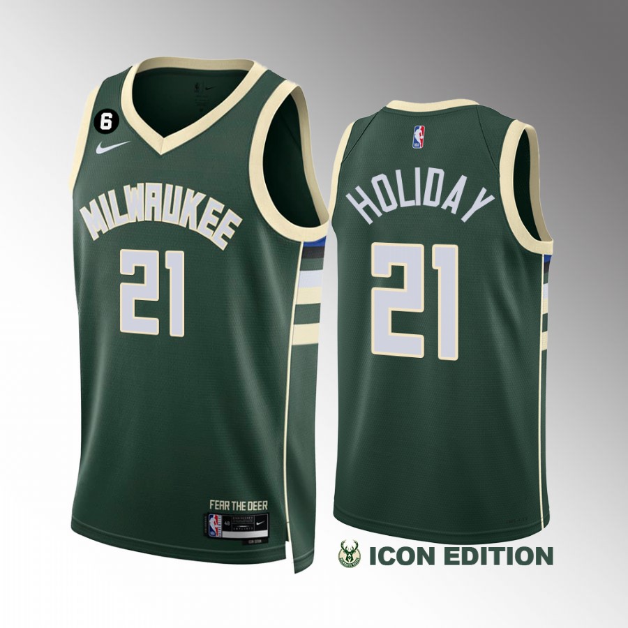 Jrue Holiday Milwaukee Bucks #21 Green Jersey 2022-23 Icon Edition NO.6 Patch