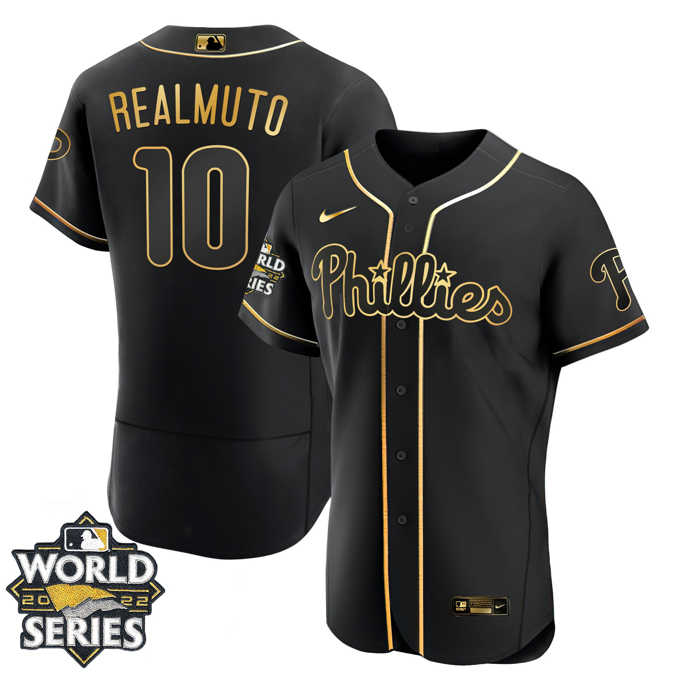 JT Realmuto Men's Philadelphia Phillies Gold 2022 World Series Flex Black Jersey - All Stitched