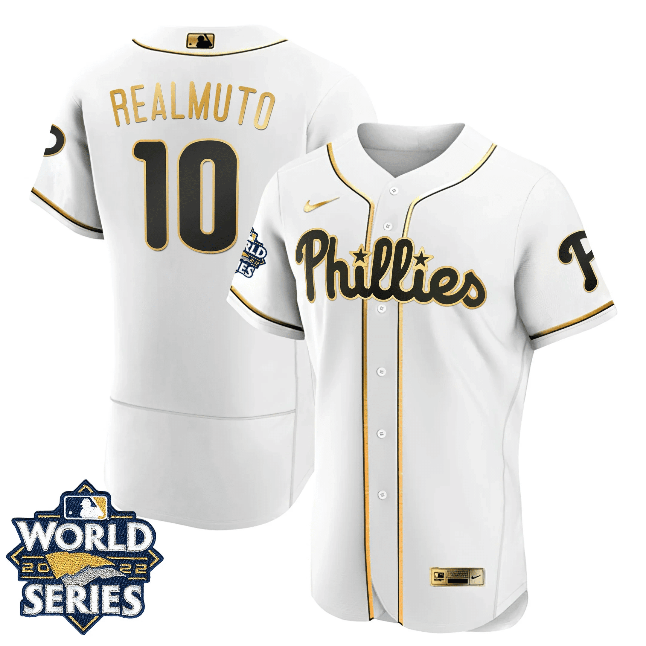 JT Realmuto Men's Philadelphia Phillies Gold 2022 World Series Limited Flex White Jersey - All Stitched